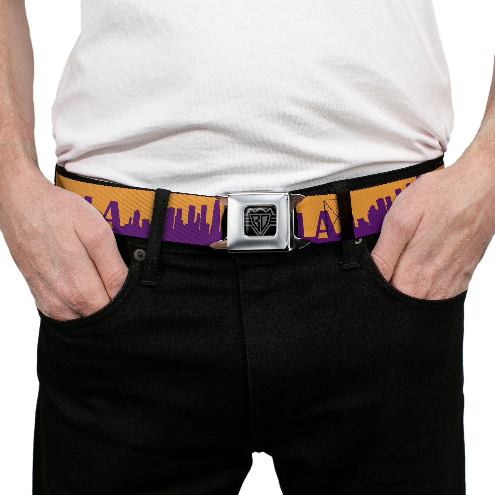 BD Wings Logo CLOSE-UP Full Color Black Silver Seatbelt Belt - Los Angeles Solid Skyline/LA Gold/Purple Webbing Seatbelt Belts Buckle-Down