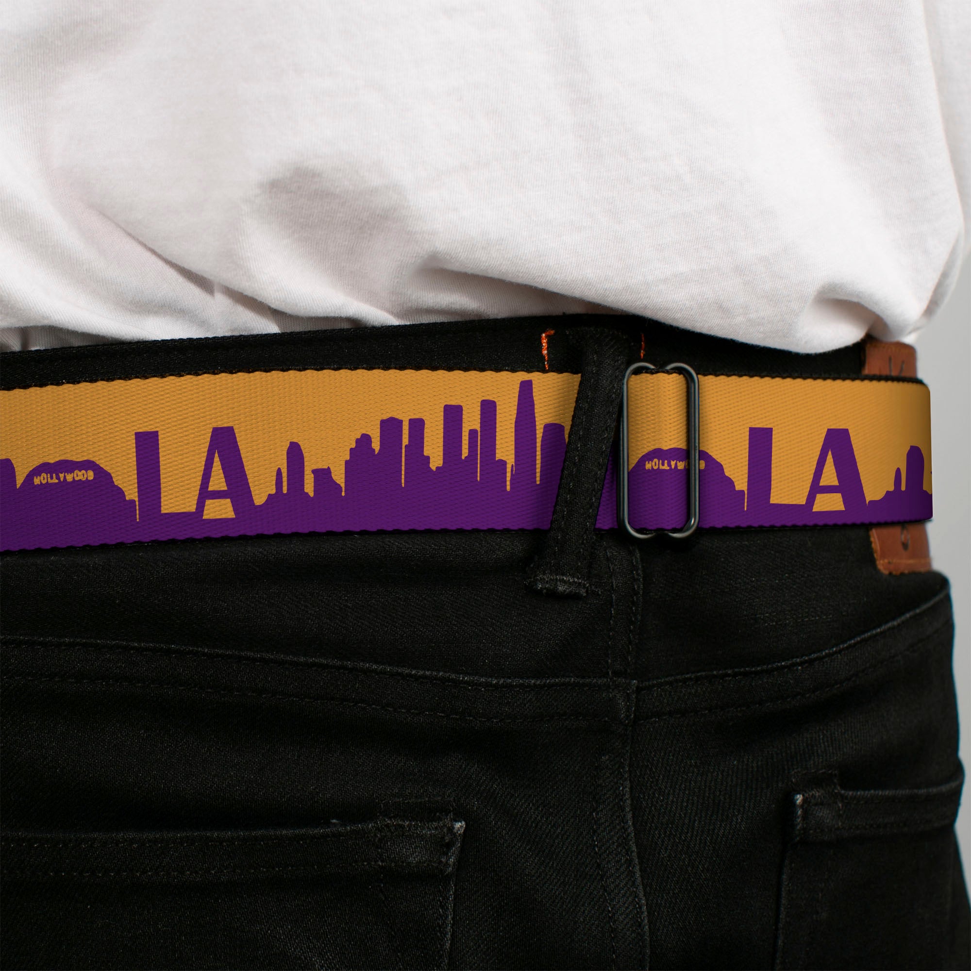 BD Wings Logo CLOSE-UP Full Color Black Silver Seatbelt Belt - Los Angeles Solid Skyline/LA Gold/Purple Webbing Seatbelt Belts Buckle-Down