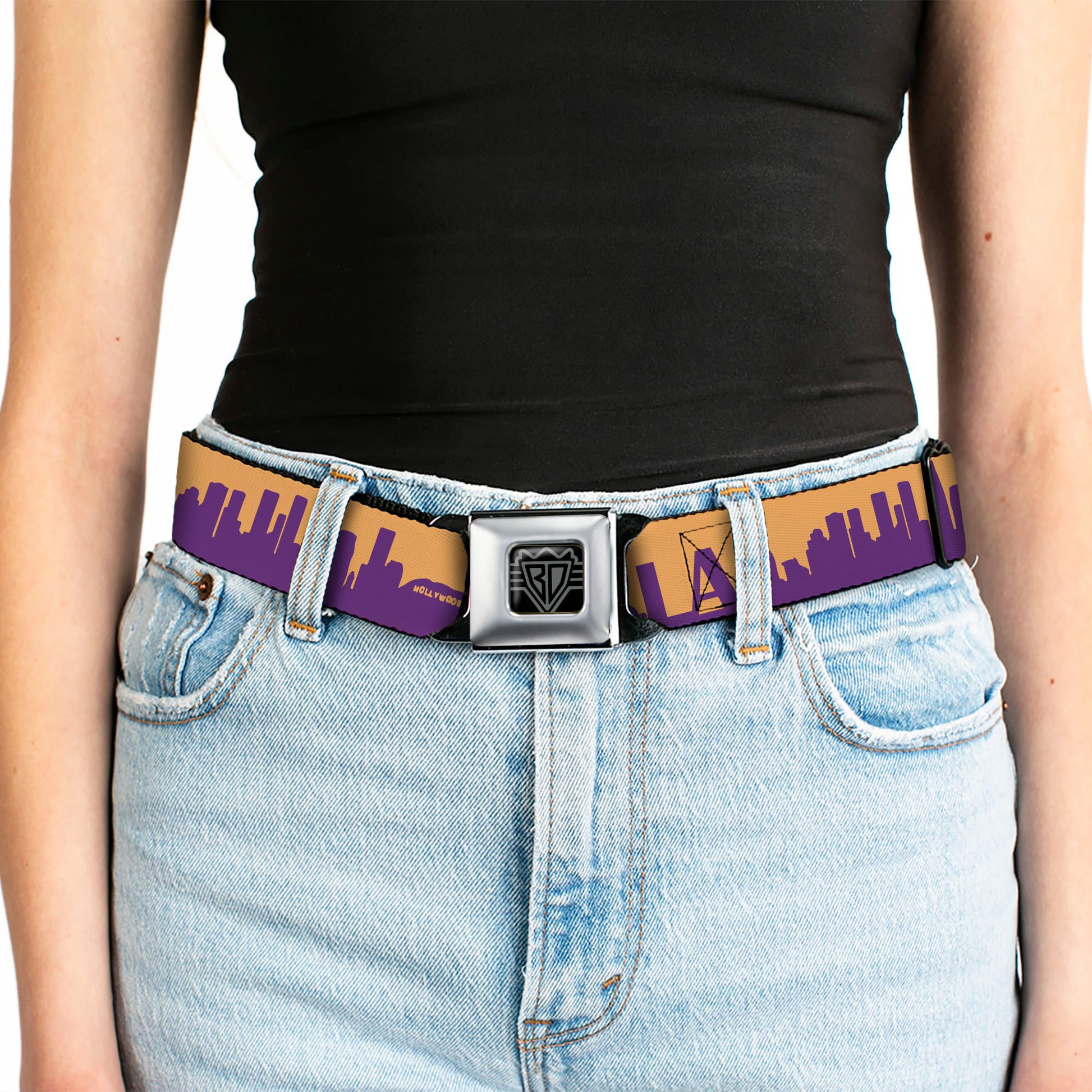 BD Wings Logo CLOSE-UP Full Color Black Silver Seatbelt Belt - Los Angeles Solid Skyline/LA Gold/Purple Webbing Seatbelt Belts Buckle-Down