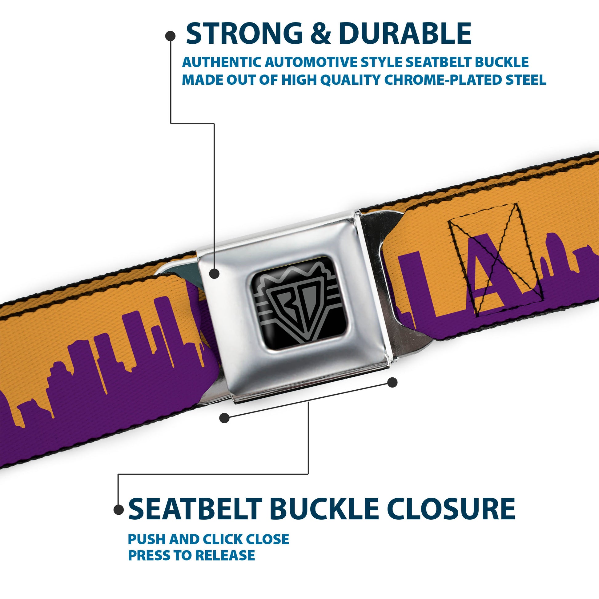 BD Wings Logo CLOSE-UP Full Color Black Silver Seatbelt Belt - Los Angeles Solid Skyline/LA Gold/Purple Webbing Seatbelt Belts Buckle-Down