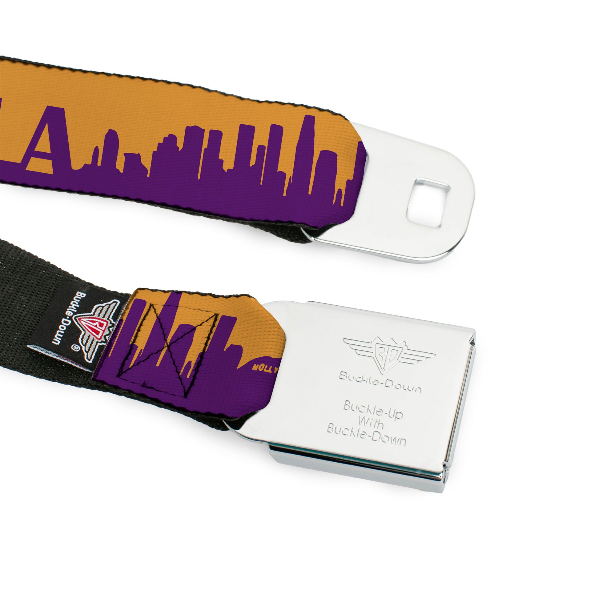 BD Wings Logo CLOSE-UP Full Color Black Silver Seatbelt Belt - Los Angeles Solid Skyline/LA Gold/Purple Webbing Seatbelt Belts Buckle-Down