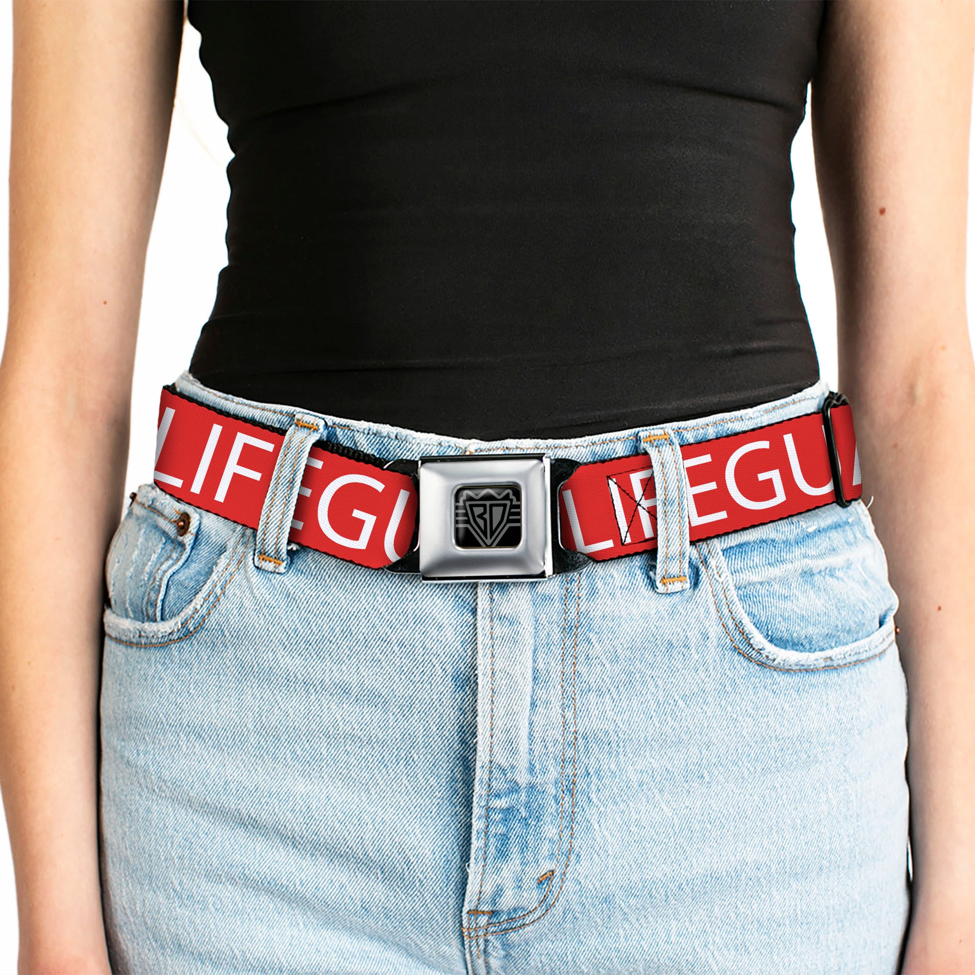 BD Wings Logo CLOSE-UP Full Color Black Silver Seatbelt Belt - LIFEGUARD/Logo Red/White Webbing Seatbelt Belts Buckle-Down