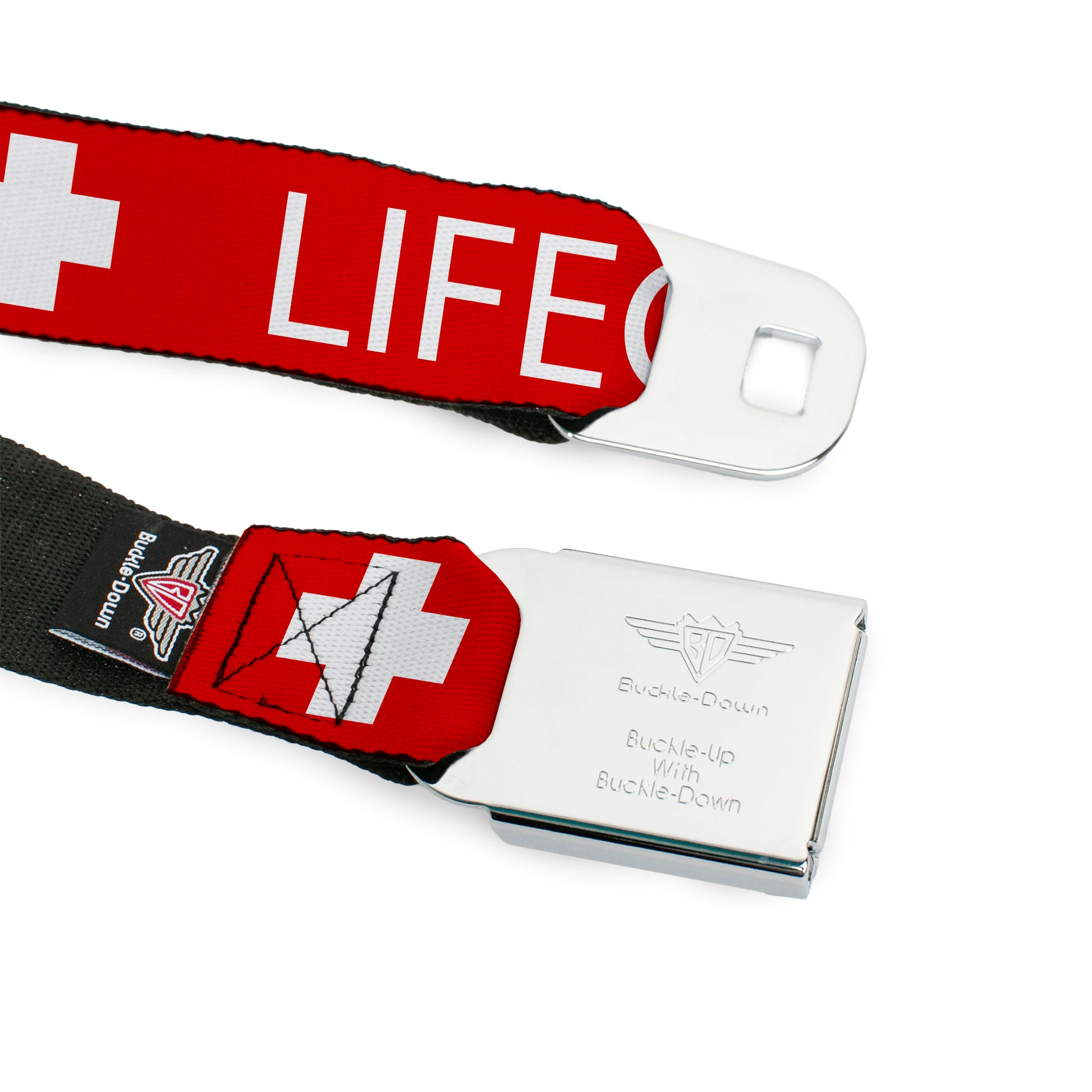 BD Wings Logo CLOSE-UP Full Color Black Silver Seatbelt Belt - LIFEGUARD/Logo Red/White Webbing Seatbelt Belts Buckle-Down