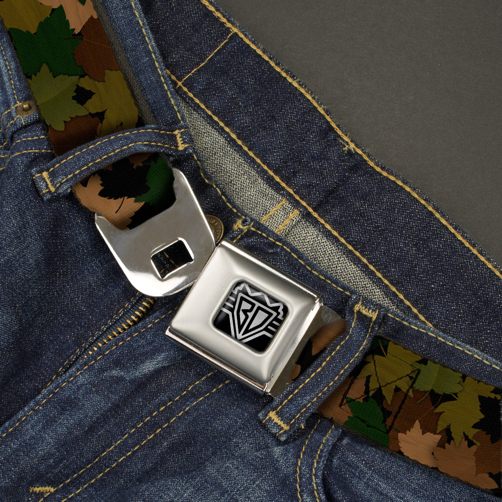 BD Wings Logo CLOSE-UP Full Color Black Silver Seatbelt Belt - Leaf/Branch Camo Tan/Browns/Greens Webbing Seatbelt Belts Buckle-Down