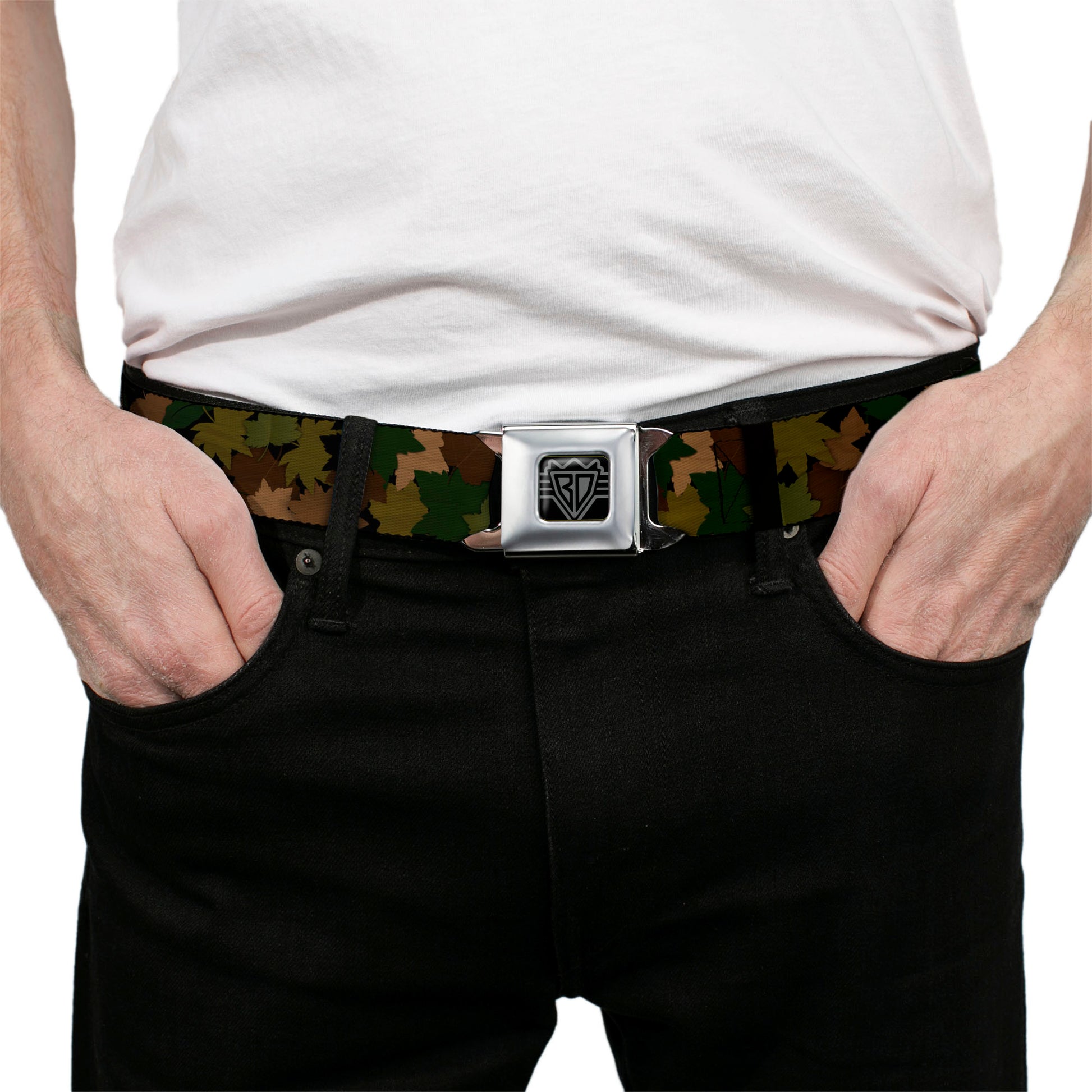 BD Wings Logo CLOSE-UP Full Color Black Silver Seatbelt Belt - Leaf/Branch Camo Tan/Browns/Greens Webbing Seatbelt Belts Buckle-Down