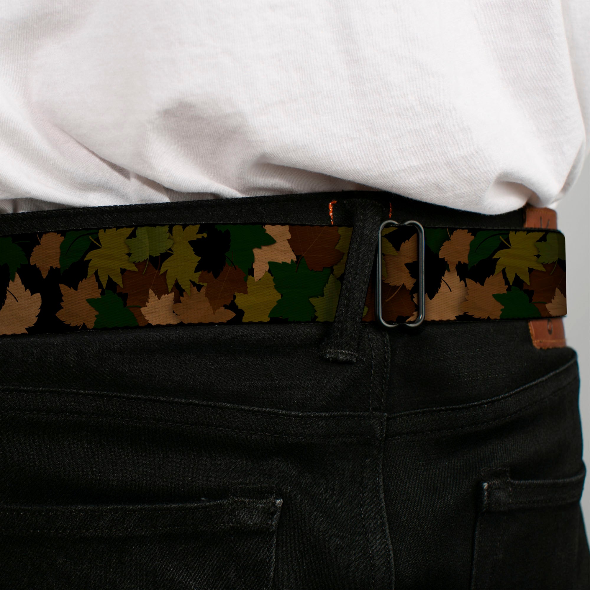 BD Wings Logo CLOSE-UP Full Color Black Silver Seatbelt Belt - Leaf/Branch Camo Tan/Browns/Greens Webbing Seatbelt Belts Buckle-Down