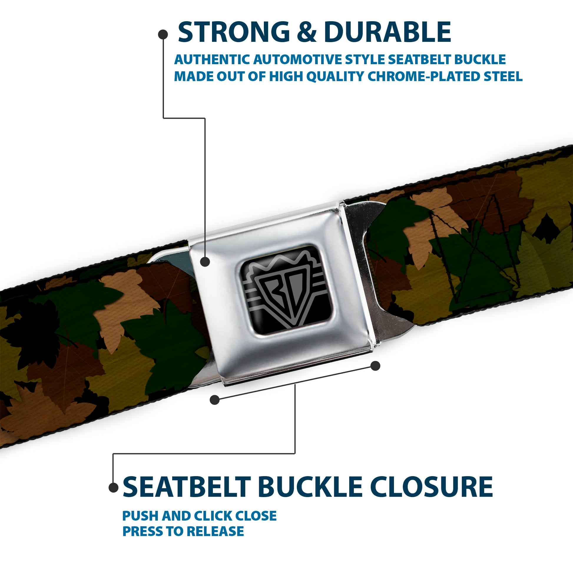 BD Wings Logo CLOSE-UP Full Color Black Silver Seatbelt Belt - Leaf/Branch Camo Tan/Browns/Greens Webbing Seatbelt Belts Buckle-Down
