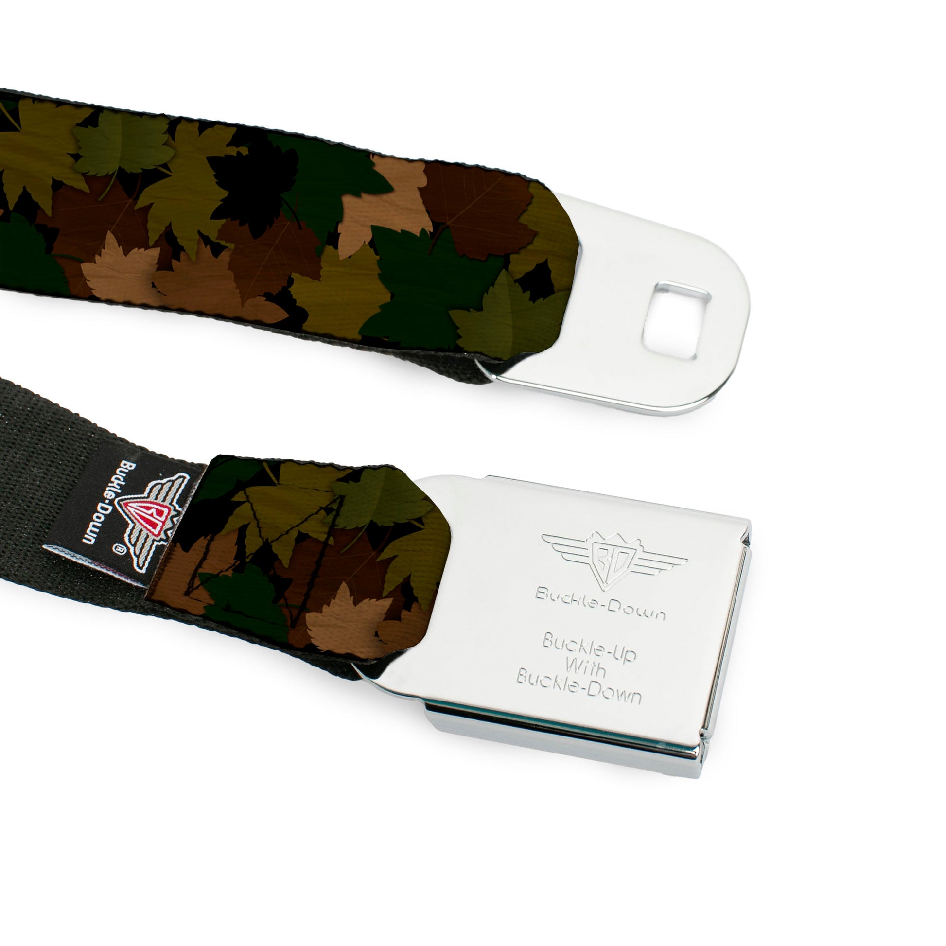 BD Wings Logo CLOSE-UP Full Color Black Silver Seatbelt Belt - Leaf/Branch Camo Tan/Browns/Greens Webbing Seatbelt Belts Buckle-Down