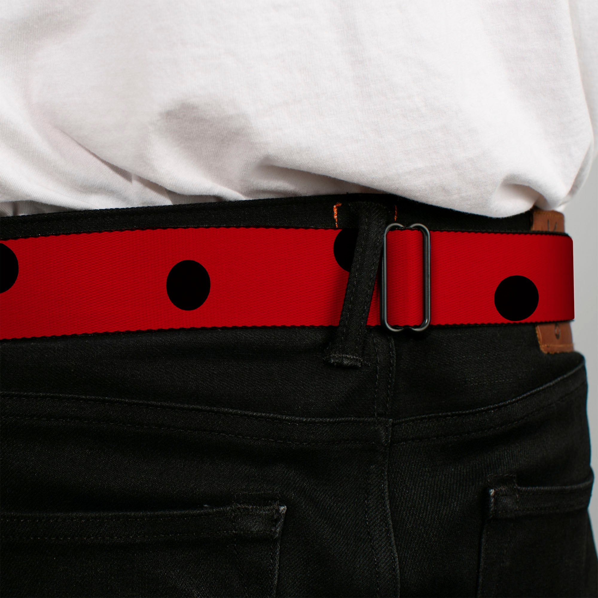 BD Wings Logo CLOSE-UP Full Color Black Silver Seatbelt Belt - Lady Bug Dots Red/Black Webbing Seatbelt Belts Buckle-Down