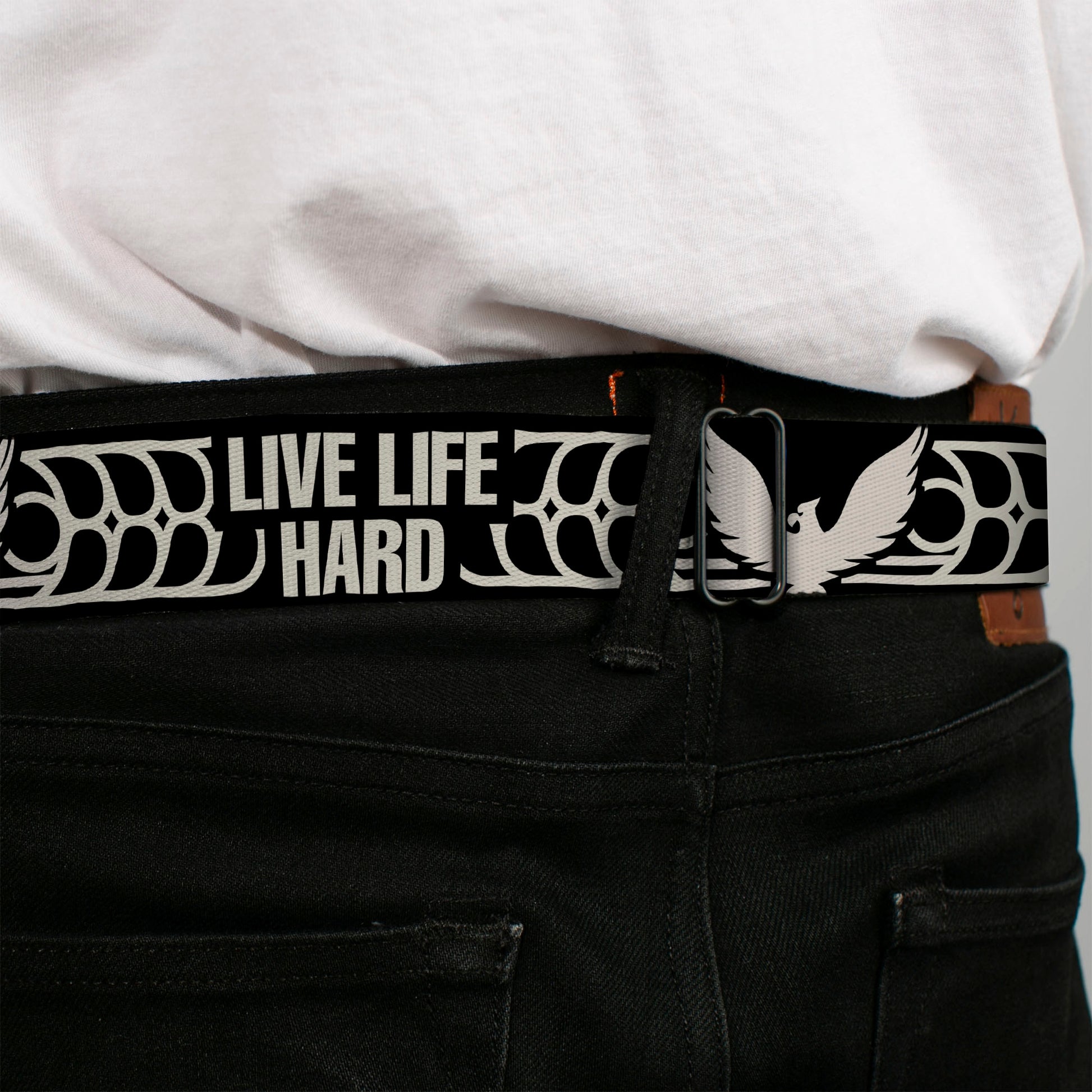 BD Wings Logo CLOSE-UP Full Color Black Silver Seatbelt Belt - LIVE LIFE HARD/Phoenix Black/Grays Webbing Seatbelt Belts Buckle-Down