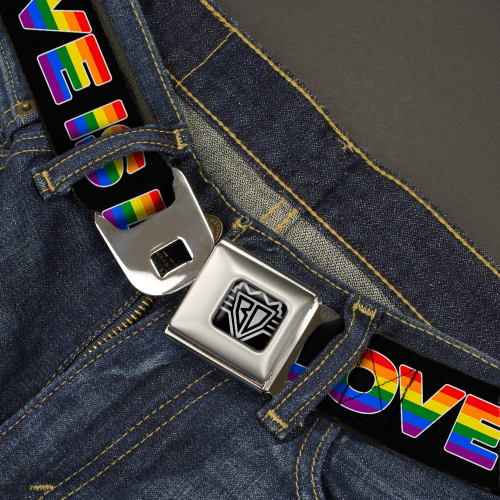 BD Wings Logo CLOSE-UP Full Color Black Silver Seatbelt Belt - LOVE IS LOVE/Heart Black/Rainbow Webbing Seatbelt Belts Buckle-Down
