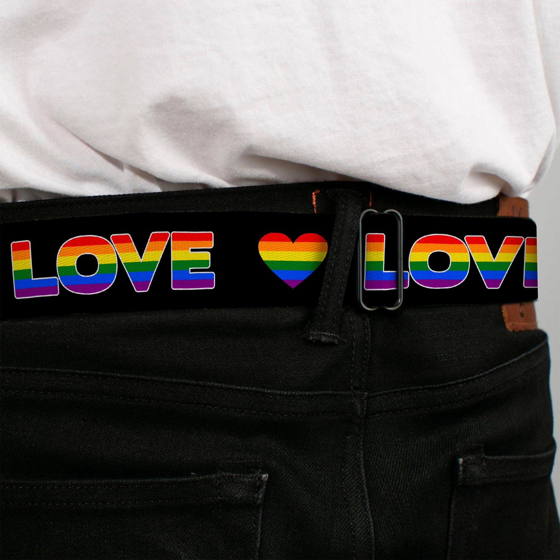 BD Wings Logo CLOSE-UP Full Color Black Silver Seatbelt Belt - LOVE IS LOVE/Heart Black/Rainbow Webbing Seatbelt Belts Buckle-Down