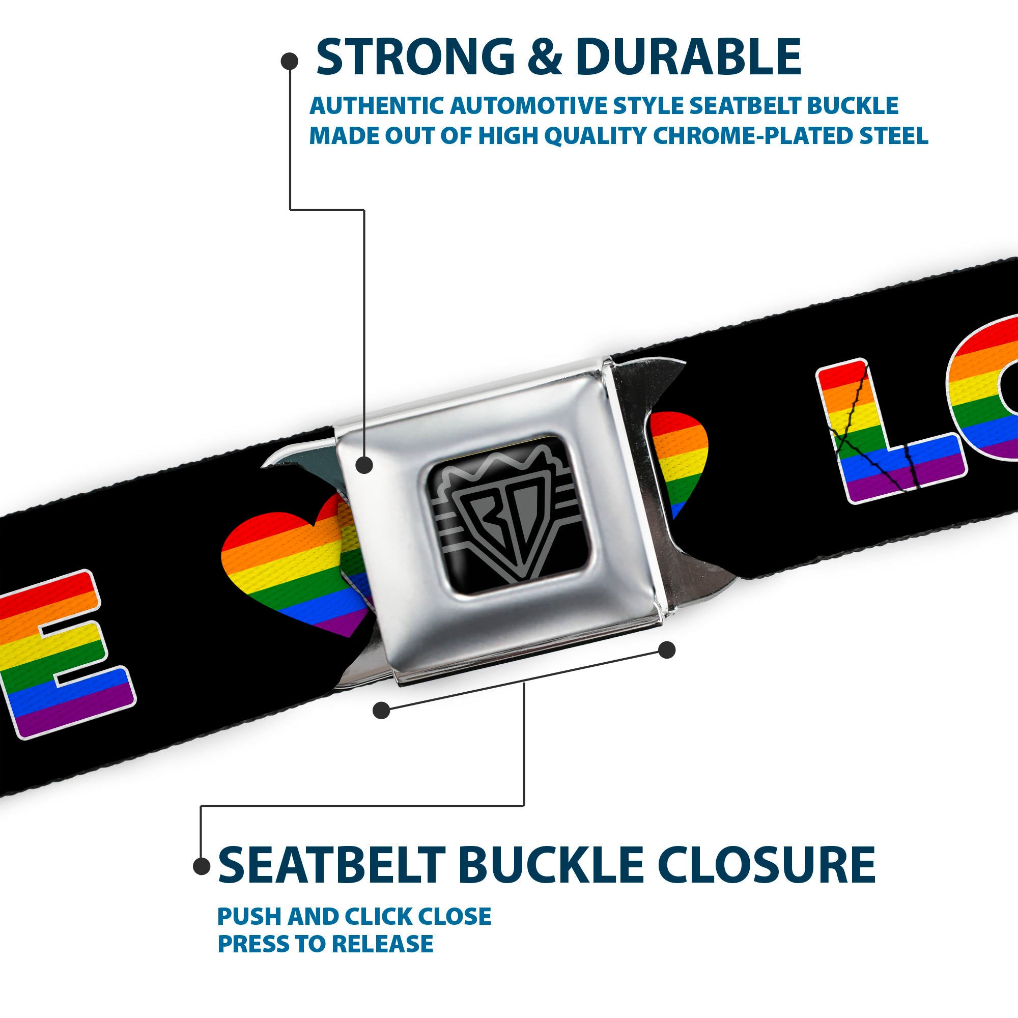 BD Wings Logo CLOSE-UP Full Color Black Silver Seatbelt Belt - LOVE IS LOVE/Heart Black/Rainbow Webbing Seatbelt Belts Buckle-Down