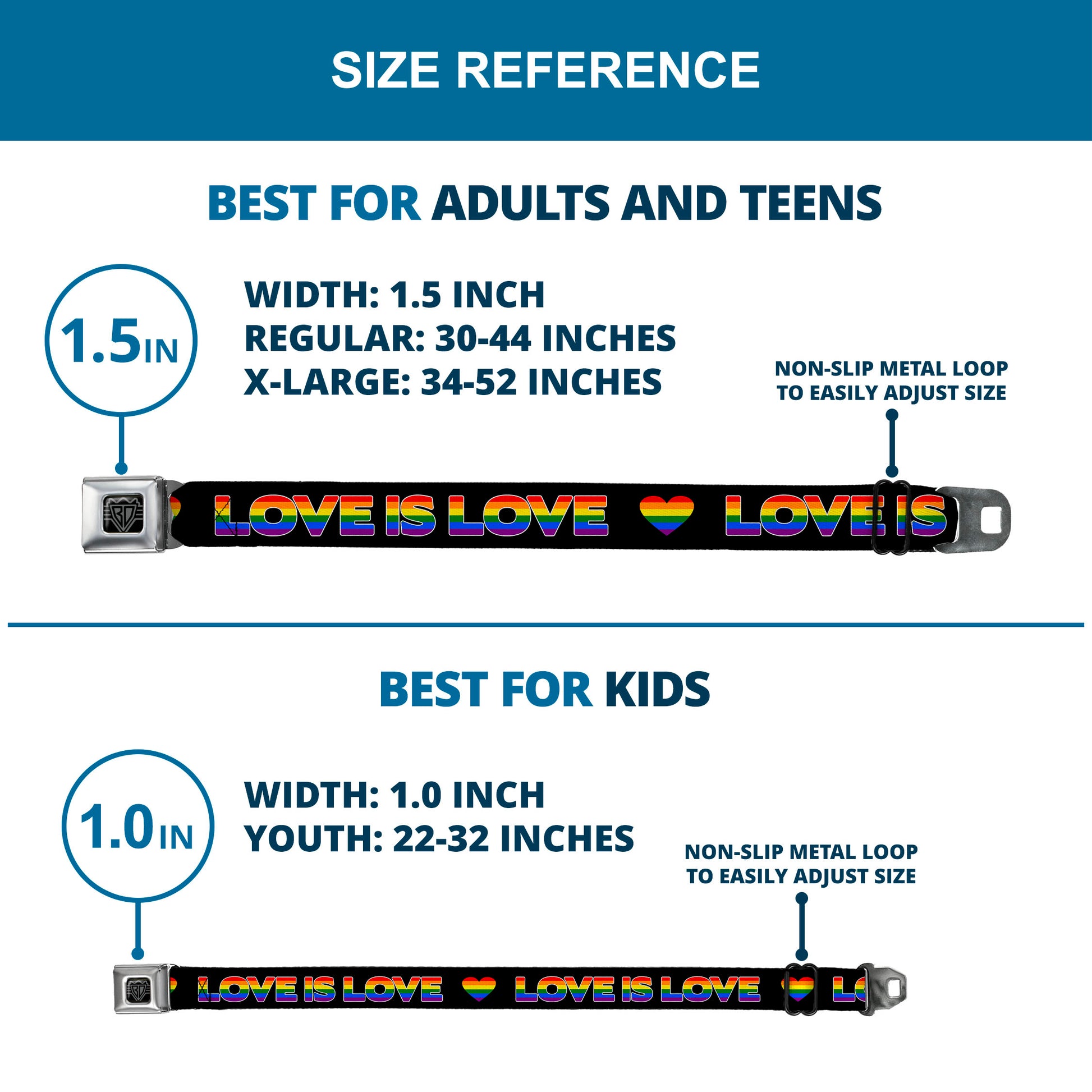 BD Wings Logo CLOSE-UP Full Color Black Silver Seatbelt Belt - LOVE IS LOVE/Heart Black/Rainbow Webbing Seatbelt Belts Buckle-Down