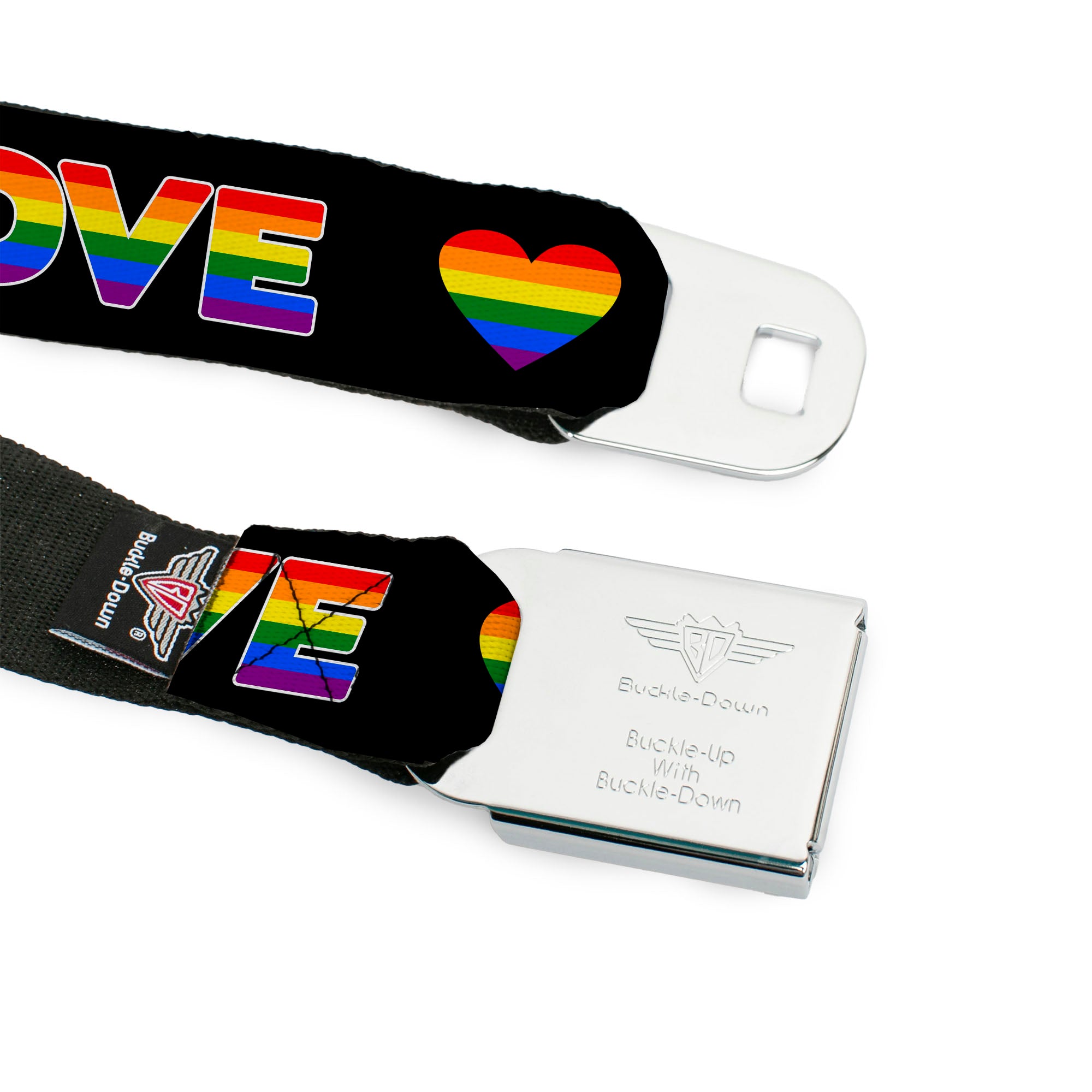 BD Wings Logo CLOSE-UP Full Color Black Silver Seatbelt Belt - LOVE IS LOVE/Heart Black/Rainbow Webbing Seatbelt Belts Buckle-Down