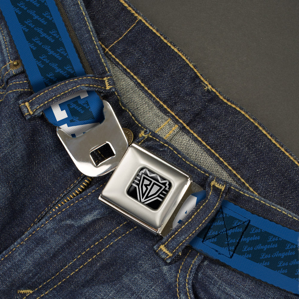 BD Wings Logo CLOSE-UP Full Color Black Silver Seatbelt Belt - LA/LOS ANGELES Script Stripe Blues/White Webbing Seatbelt Belts Buckle-Down