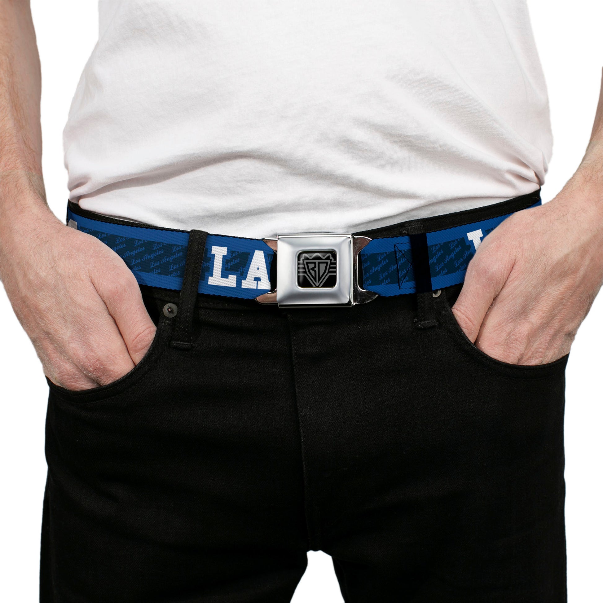 BD Wings Logo CLOSE-UP Full Color Black Silver Seatbelt Belt - LA/LOS ANGELES Script Stripe Blues/White Webbing Seatbelt Belts Buckle-Down