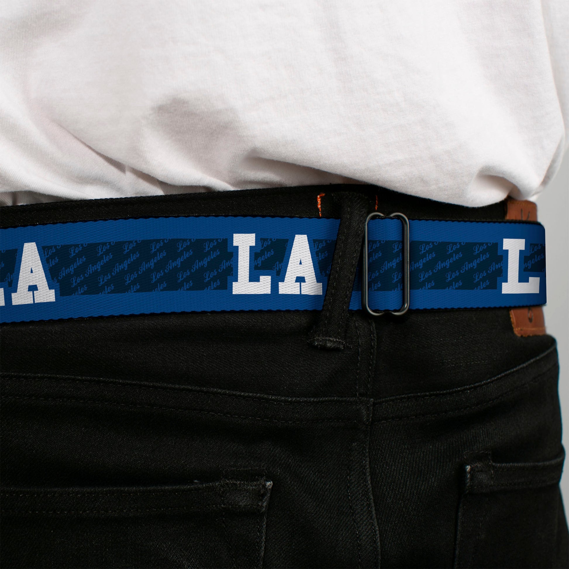 BD Wings Logo CLOSE-UP Full Color Black Silver Seatbelt Belt - LA/LOS ANGELES Script Stripe Blues/White Webbing Seatbelt Belts Buckle-Down