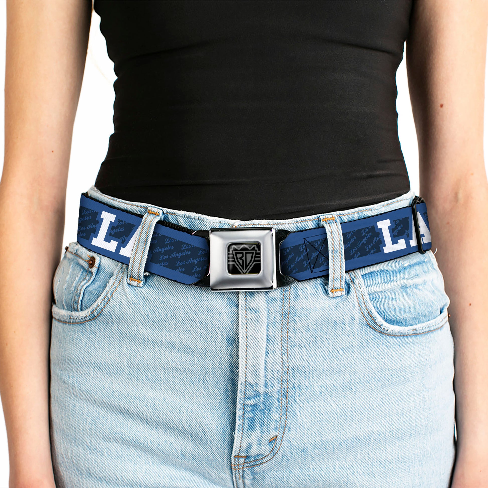 BD Wings Logo CLOSE-UP Full Color Black Silver Seatbelt Belt - LA/LOS ANGELES Script Stripe Blues/White Webbing Seatbelt Belts Buckle-Down
