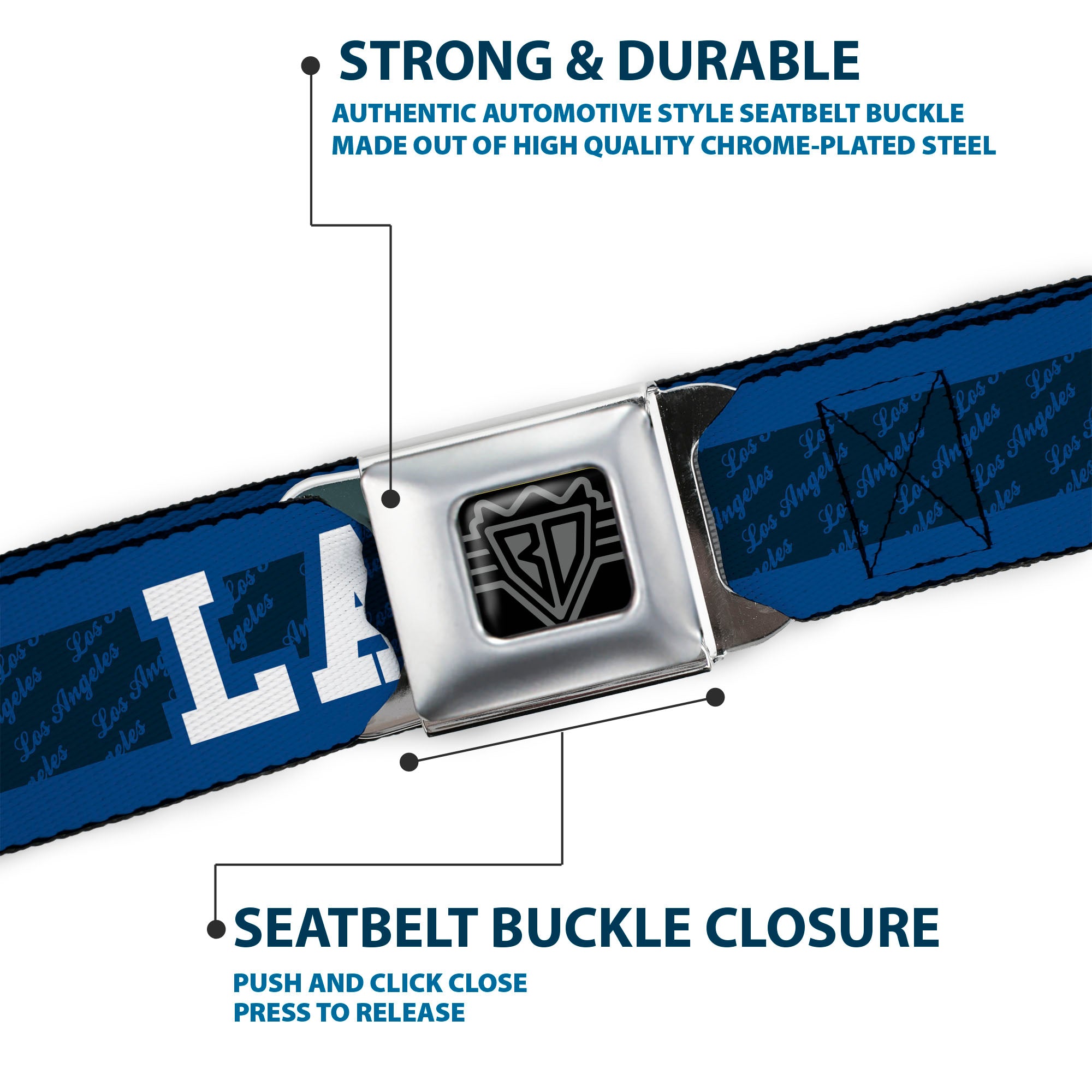 BD Wings Logo CLOSE-UP Full Color Black Silver Seatbelt Belt - LA/LOS ANGELES Script Stripe Blues/White Webbing Seatbelt Belts Buckle-Down