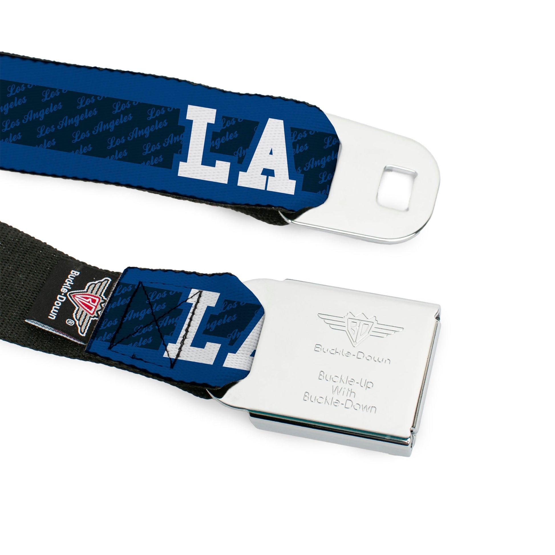 BD Wings Logo CLOSE-UP Full Color Black Silver Seatbelt Belt - LA/LOS ANGELES Script Stripe Blues/White Webbing Seatbelt Belts Buckle-Down
