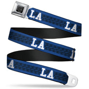 BD Wings Logo CLOSE-UP Full Color Black Silver Seatbelt Belt - LA/LOS ANGELES Script Stripe Blues/White Webbing Seatbelt Belts Buckle-Down