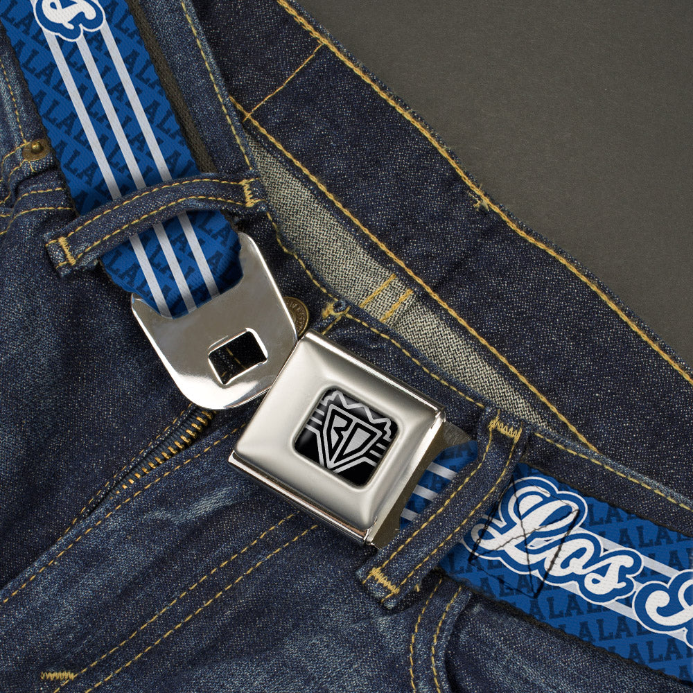 BD Wings Logo CLOSE-UP Full Color Black Silver Seatbelt Belt - LOS ANGELES Script/LA 3-Stripe Blues/White Webbing Seatbelt Belts Buckle-Down
