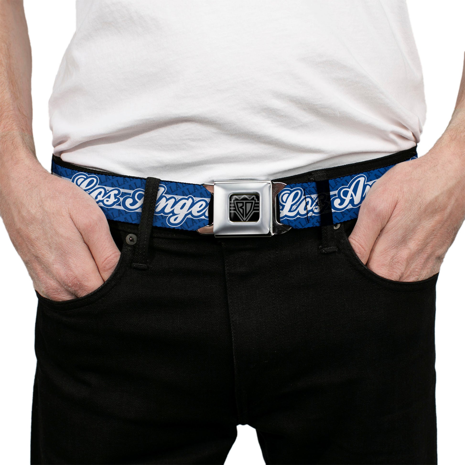 BD Wings Logo CLOSE-UP Full Color Black Silver Seatbelt Belt - LOS ANGELES Script/LA 3-Stripe Blues/White Webbing Seatbelt Belts Buckle-Down