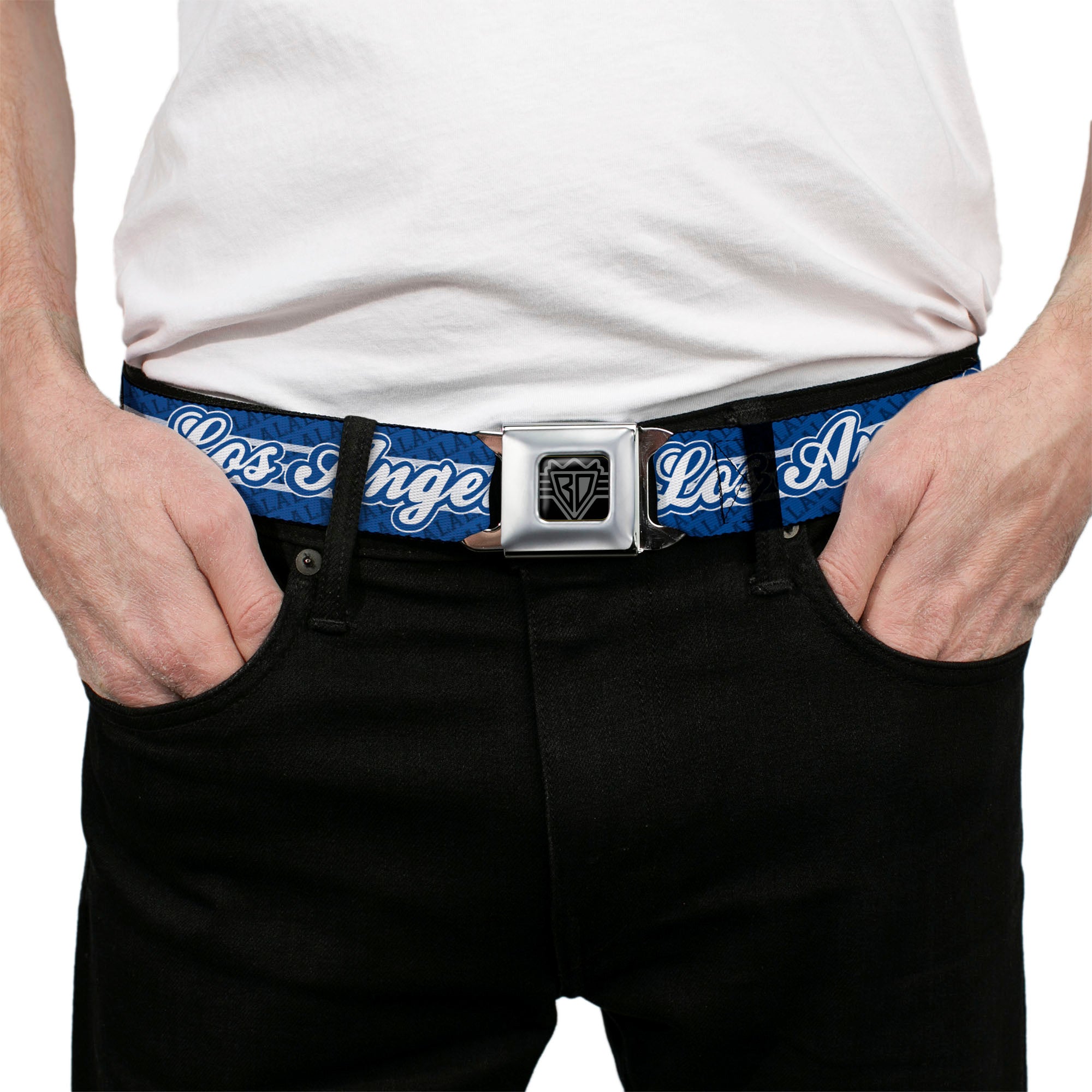 BD Wings Logo CLOSE-UP Full Color Black Silver Seatbelt Belt - LOS ANGELES Script/LA 3-Stripe Blues/White Webbing Seatbelt Belts Buckle-Down