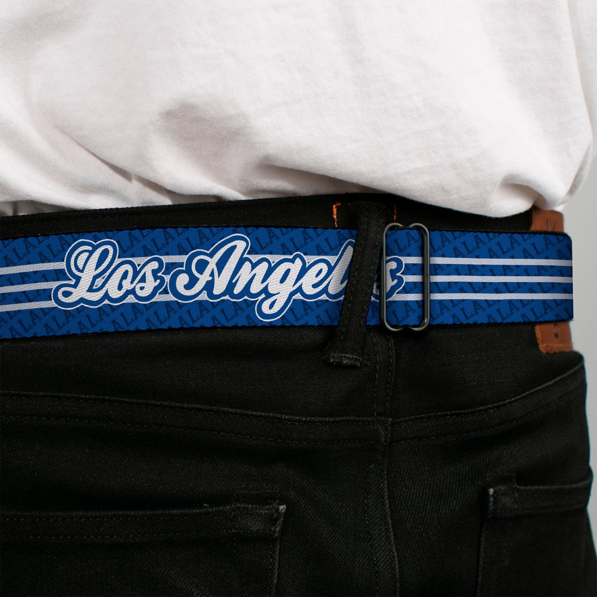 BD Wings Logo CLOSE-UP Full Color Black Silver Seatbelt Belt - LOS ANGELES Script/LA 3-Stripe Blues/White Webbing Seatbelt Belts Buckle-Down