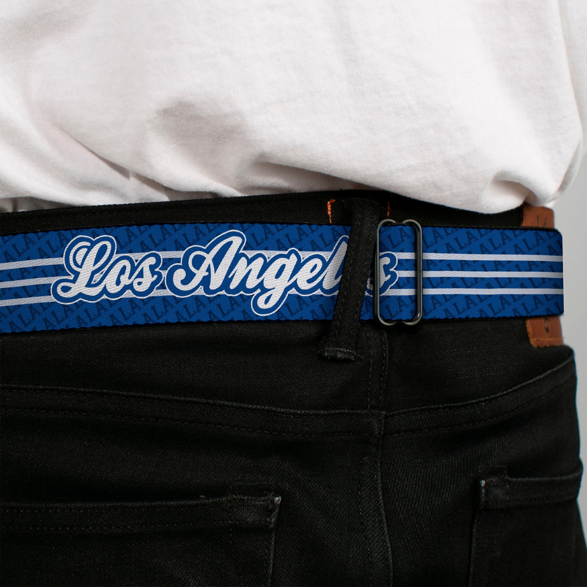 BD Wings Logo CLOSE-UP Full Color Black Silver Seatbelt Belt - LOS ANGELES Script/LA 3-Stripe Blues/White Webbing Seatbelt Belts Buckle-Down