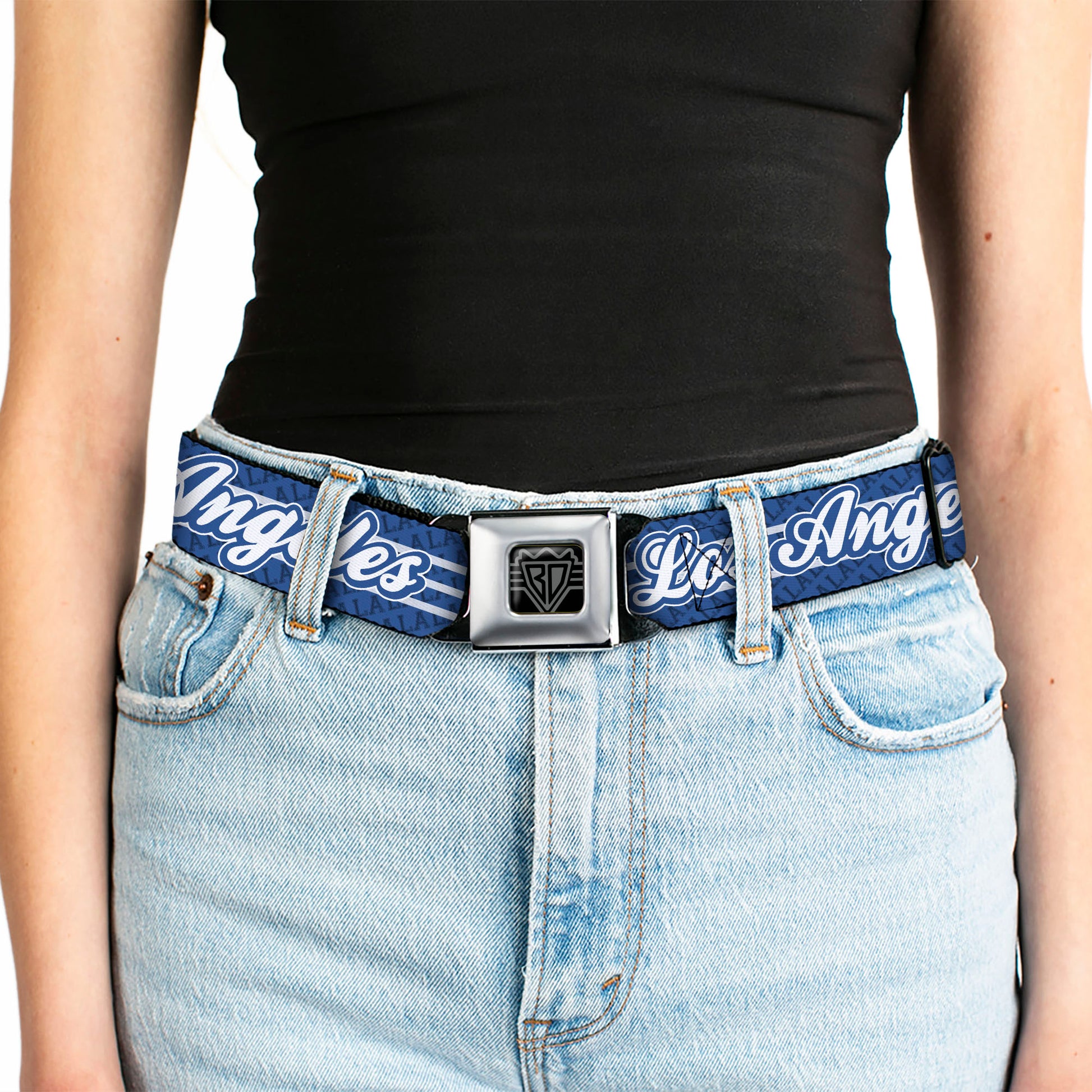 BD Wings Logo CLOSE-UP Full Color Black Silver Seatbelt Belt - LOS ANGELES Script/LA 3-Stripe Blues/White Webbing Seatbelt Belts Buckle-Down