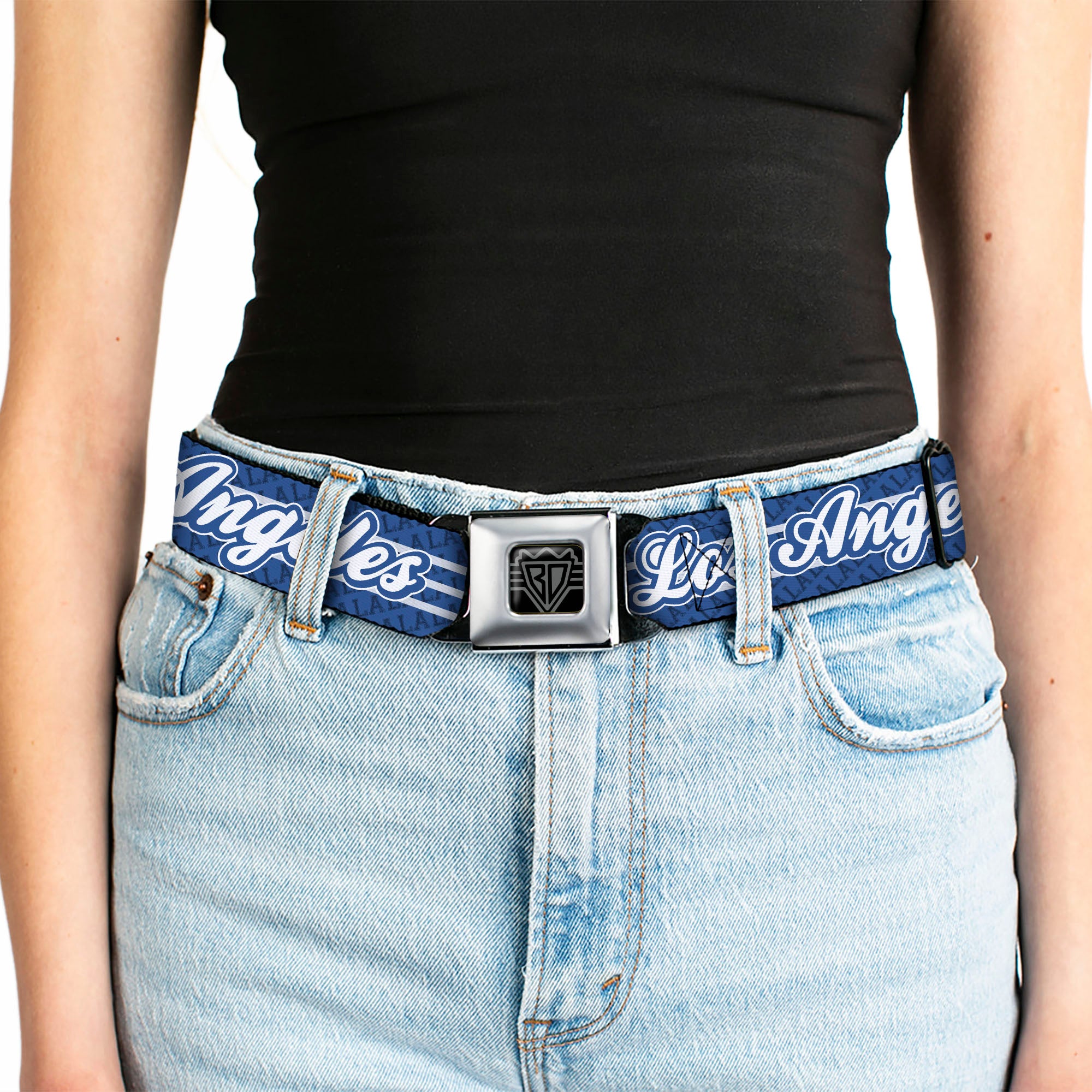 BD Wings Logo CLOSE-UP Full Color Black Silver Seatbelt Belt - LOS ANGELES Script/LA 3-Stripe Blues/White Webbing Seatbelt Belts Buckle-Down
