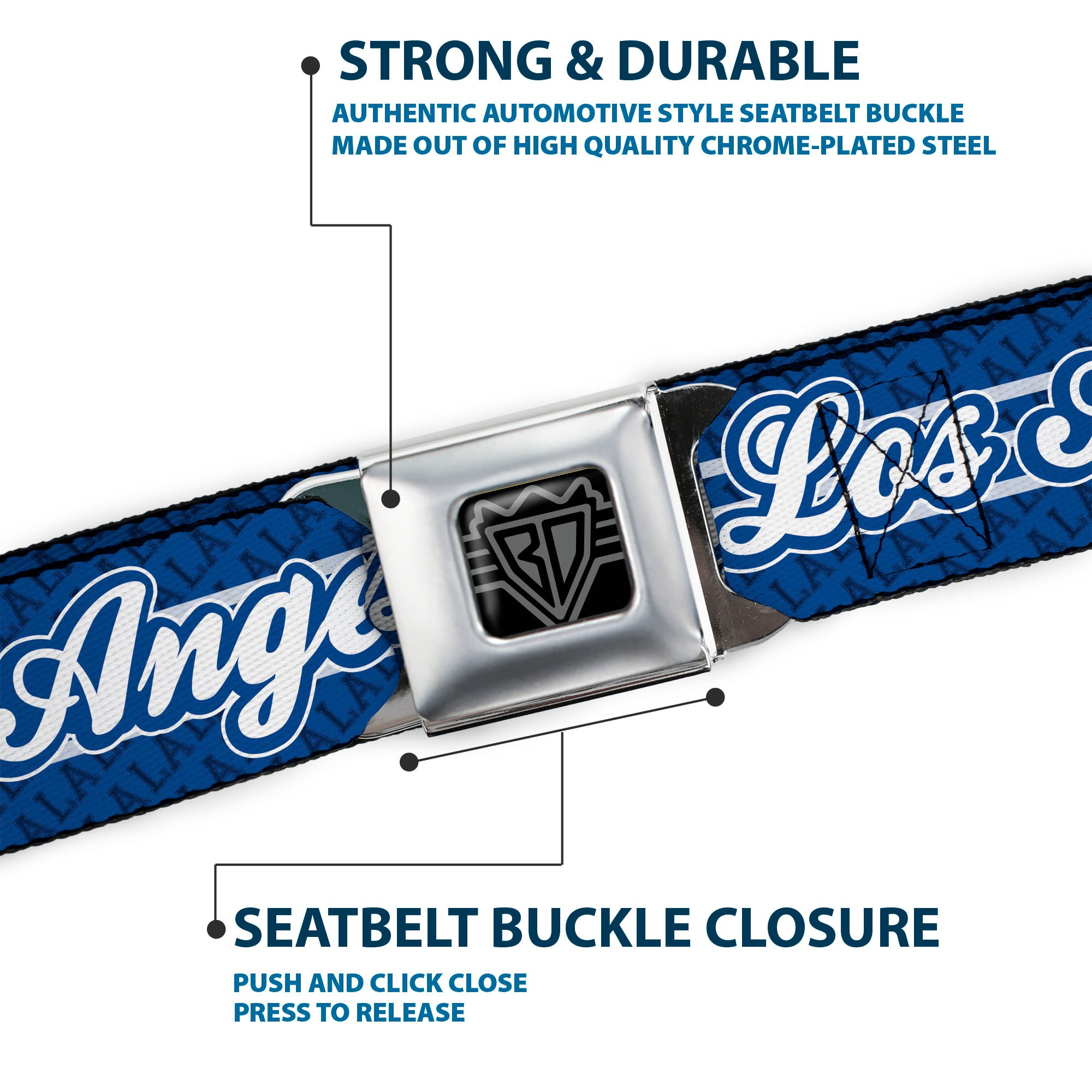 BD Wings Logo CLOSE-UP Full Color Black Silver Seatbelt Belt - LOS ANGELES Script/LA 3-Stripe Blues/White Webbing Seatbelt Belts Buckle-Down