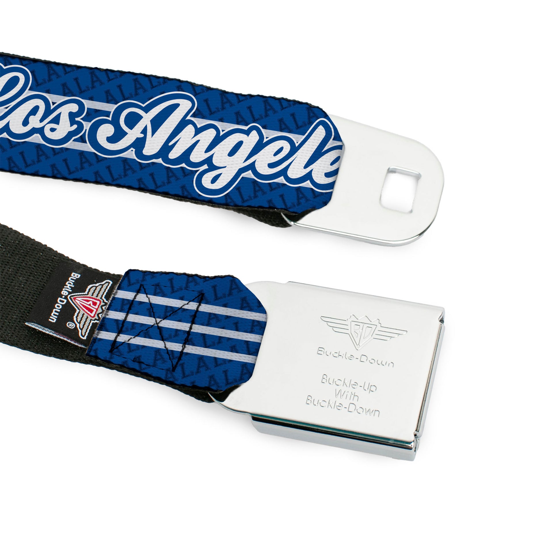 BD Wings Logo CLOSE-UP Full Color Black Silver Seatbelt Belt - LOS ANGELES Script/LA 3-Stripe Blues/White Webbing Seatbelt Belts Buckle-Down