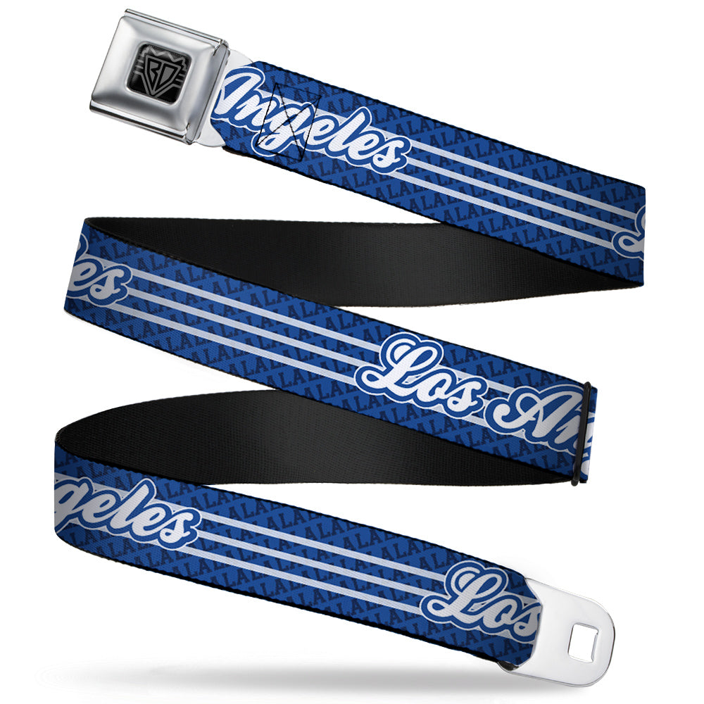 BD Wings Logo CLOSE-UP Full Color Black Silver Seatbelt Belt - LOS ANGELES Script/LA 3-Stripe Blues/White Webbing Seatbelt Belts Buckle-Down