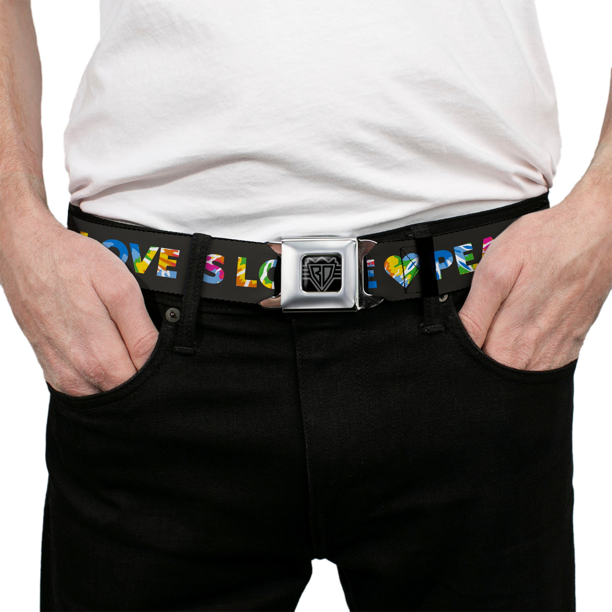 BD Wings Logo CLOSE-UP Full Color Black Silver Seatbelt Belt - LOVE IS LOVE-PEACE IS PEACE/Symbol Black/Tie Dye Webbing Seatbelt Belts Buckle-Down
