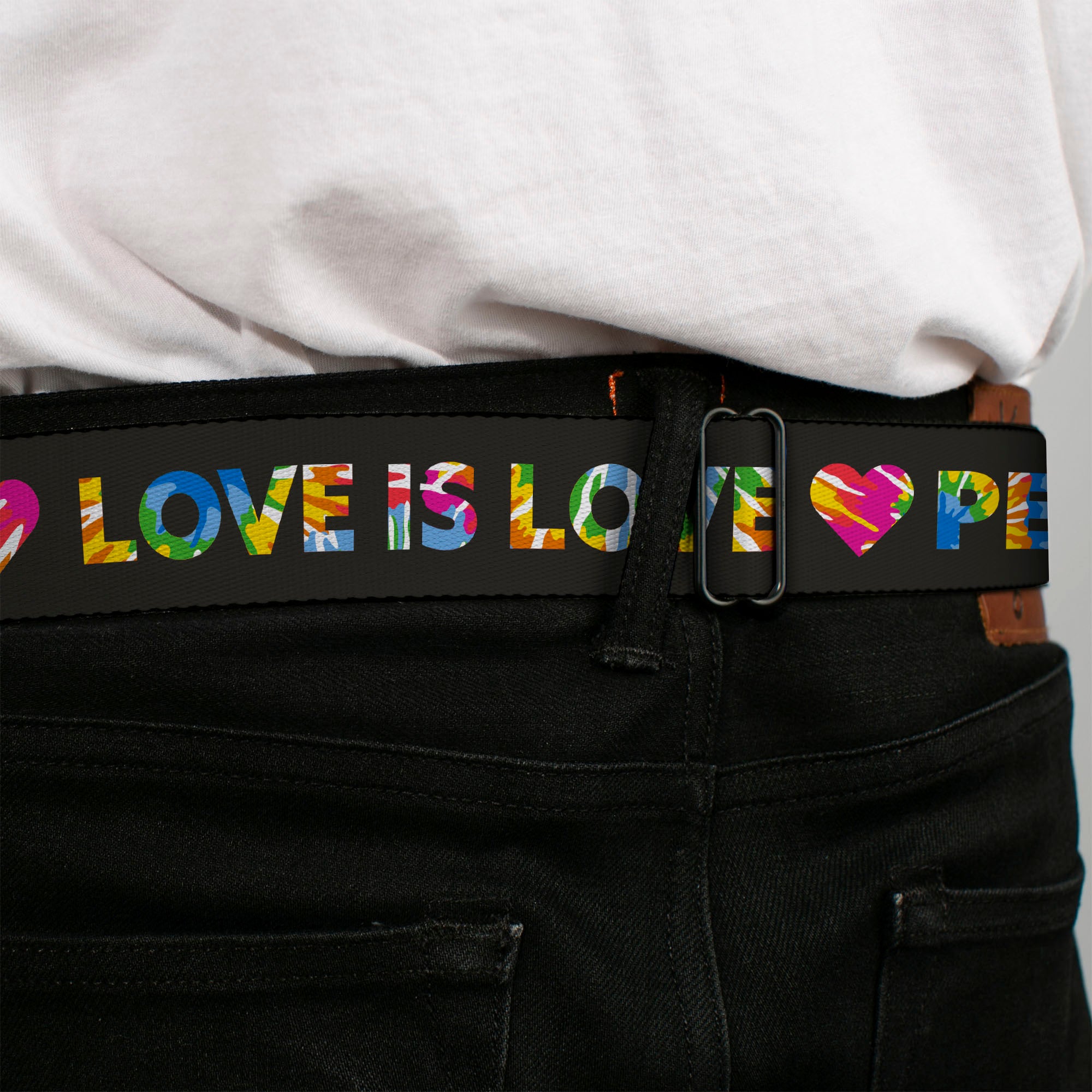 BD Wings Logo CLOSE-UP Full Color Black Silver Seatbelt Belt - LOVE IS LOVE-PEACE IS PEACE/Symbol Black/Tie Dye Webbing Seatbelt Belts Buckle-Down
