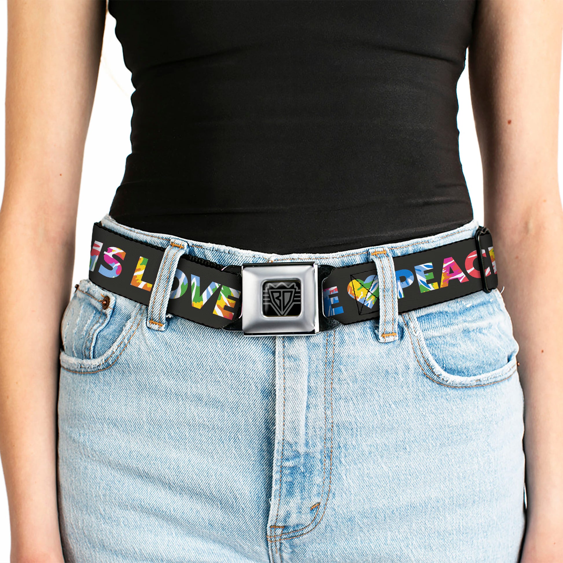 BD Wings Logo CLOSE-UP Full Color Black Silver Seatbelt Belt - LOVE IS LOVE-PEACE IS PEACE/Symbol Black/Tie Dye Webbing Seatbelt Belts Buckle-Down