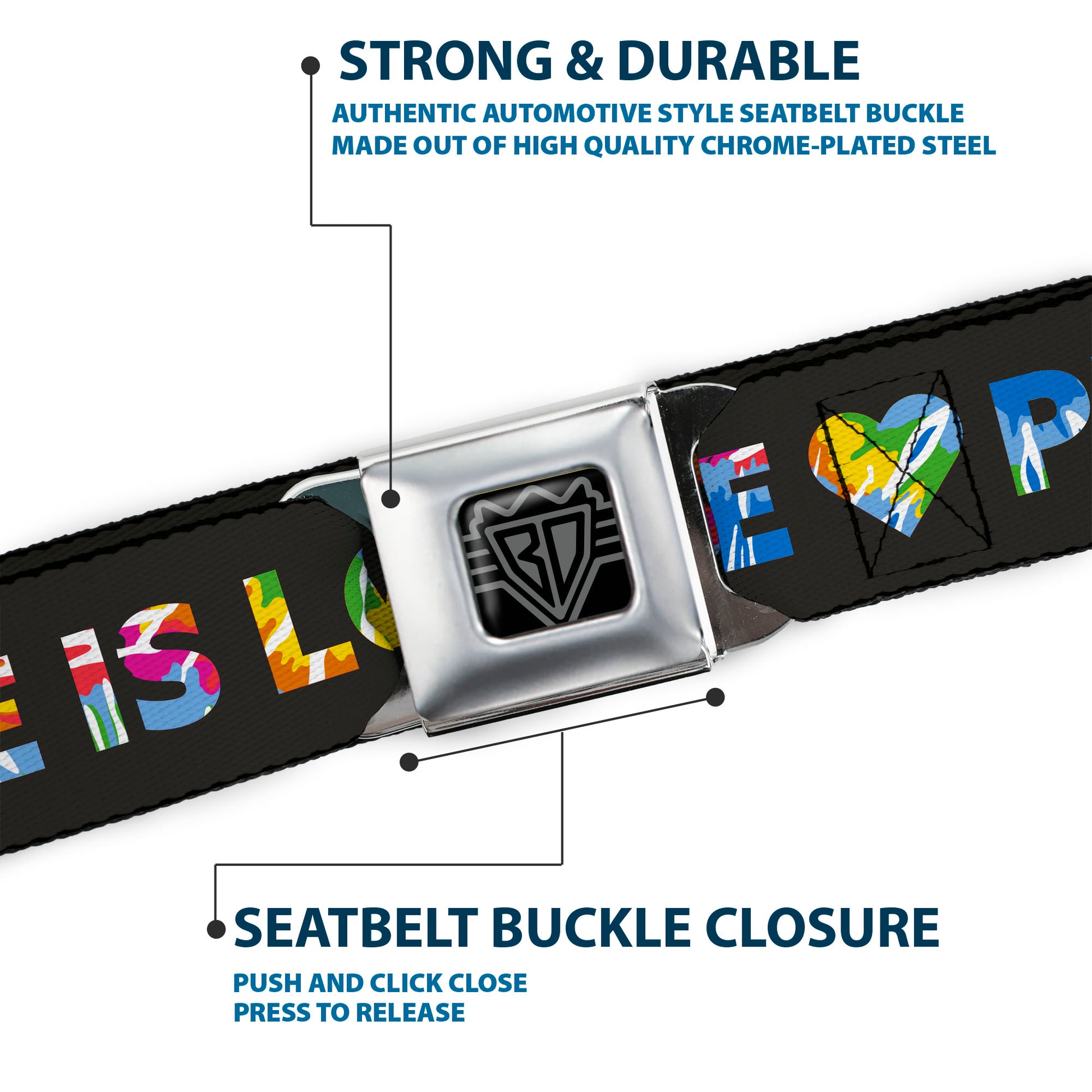 BD Wings Logo CLOSE-UP Full Color Black Silver Seatbelt Belt - LOVE IS LOVE-PEACE IS PEACE/Symbol Black/Tie Dye Webbing Seatbelt Belts Buckle-Down