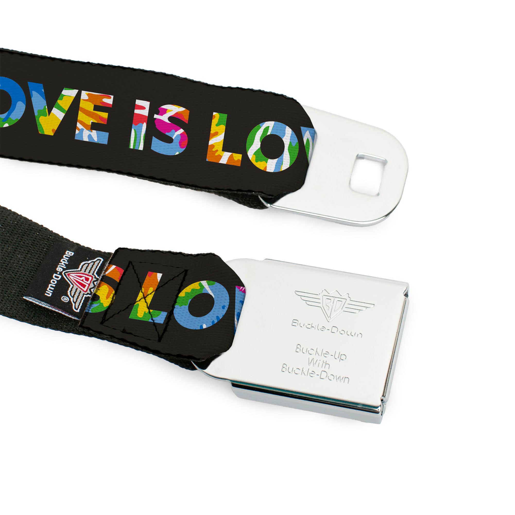 BD Wings Logo CLOSE-UP Full Color Black Silver Seatbelt Belt - LOVE IS LOVE-PEACE IS PEACE/Symbol Black/Tie Dye Webbing Seatbelt Belts Buckle-Down
