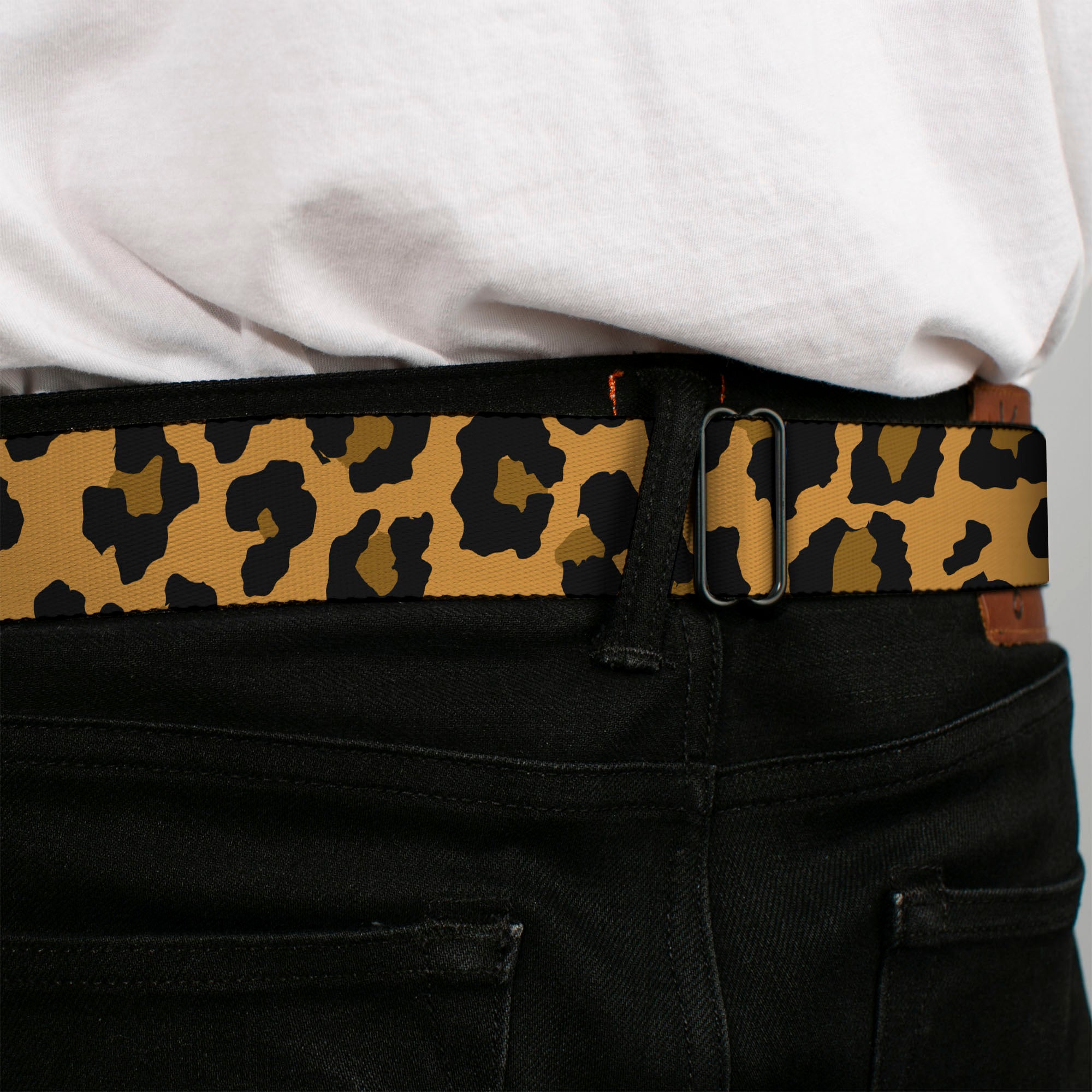 BD Wings Logo CLOSE-UP Full Color Black Silver Seatbelt Belt - Leopard Brown2 Webbing Seatbelt Belts Buckle-Down