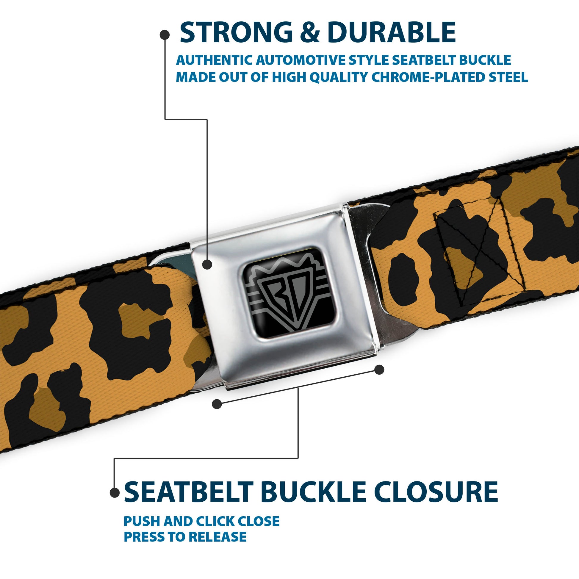 BD Wings Logo CLOSE-UP Full Color Black Silver Seatbelt Belt - Leopard Brown2 Webbing Seatbelt Belts Buckle-Down