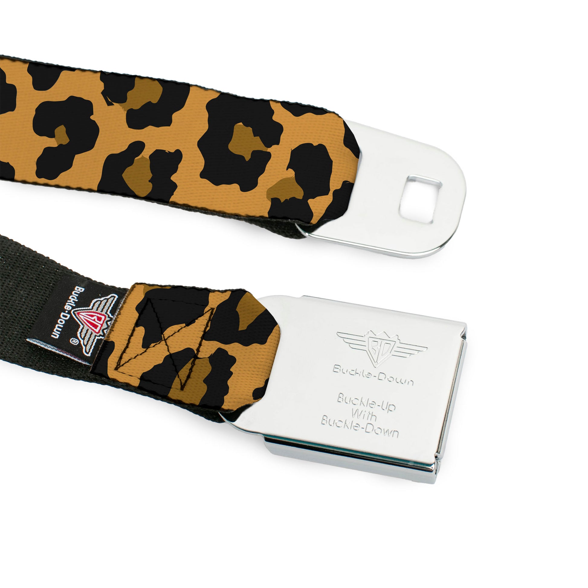 BD Wings Logo CLOSE-UP Full Color Black Silver Seatbelt Belt - Leopard Brown2 Webbing Seatbelt Belts Buckle-Down
