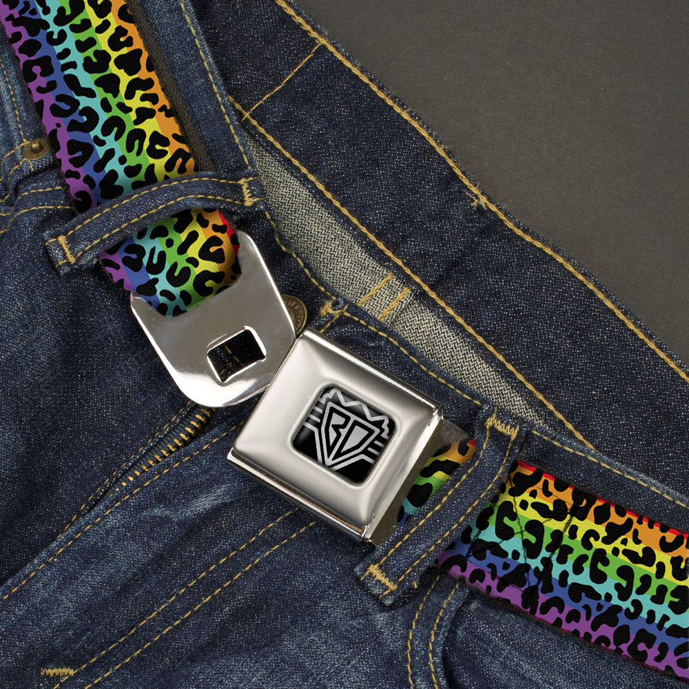 BD Wings Logo CLOSE-UP Full Color Black Silver Seatbelt Belt - Leopard Rainbow/Black Webbing Seatbelt Belts Buckle-Down