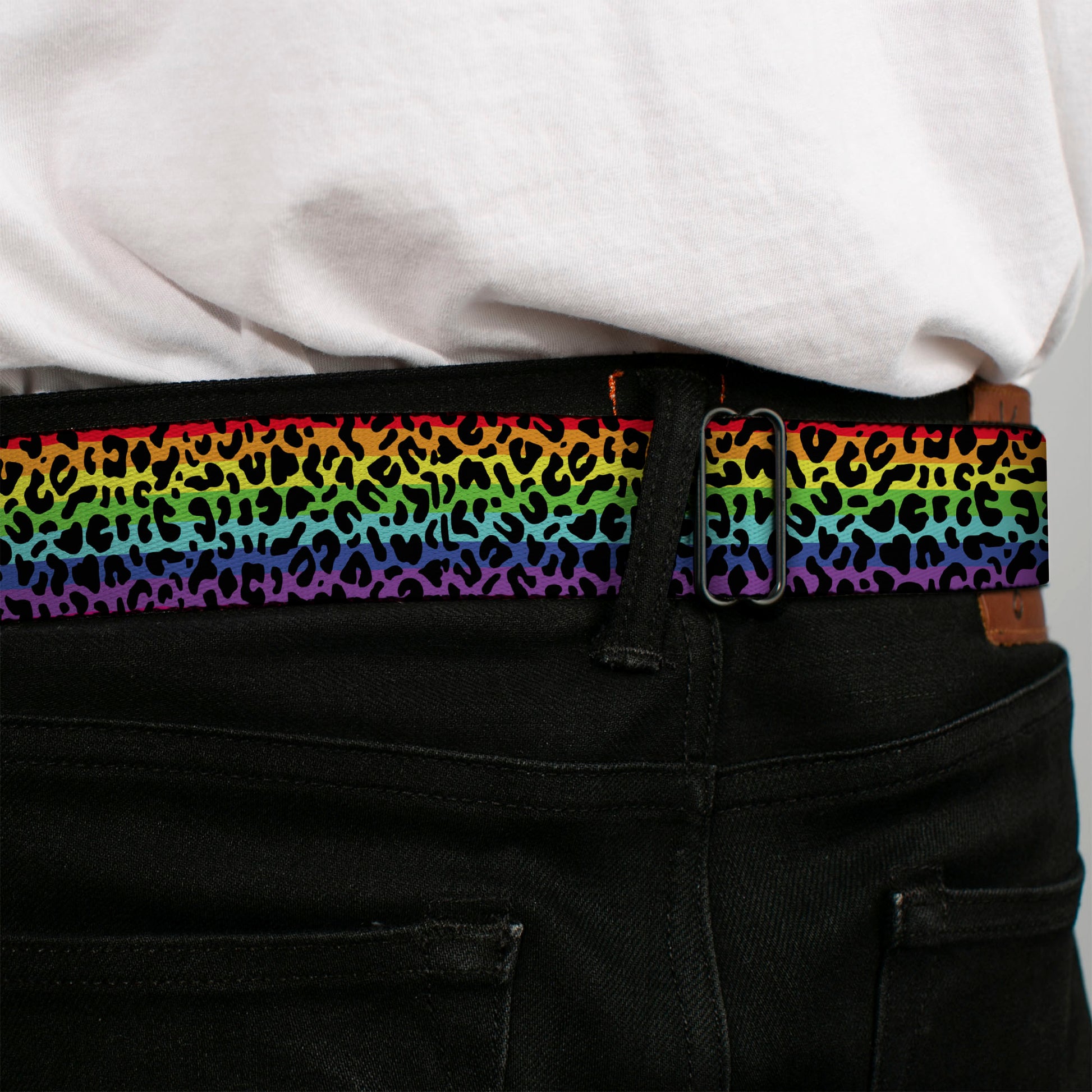 BD Wings Logo CLOSE-UP Full Color Black Silver Seatbelt Belt - Leopard Rainbow/Black Webbing Seatbelt Belts Buckle-Down