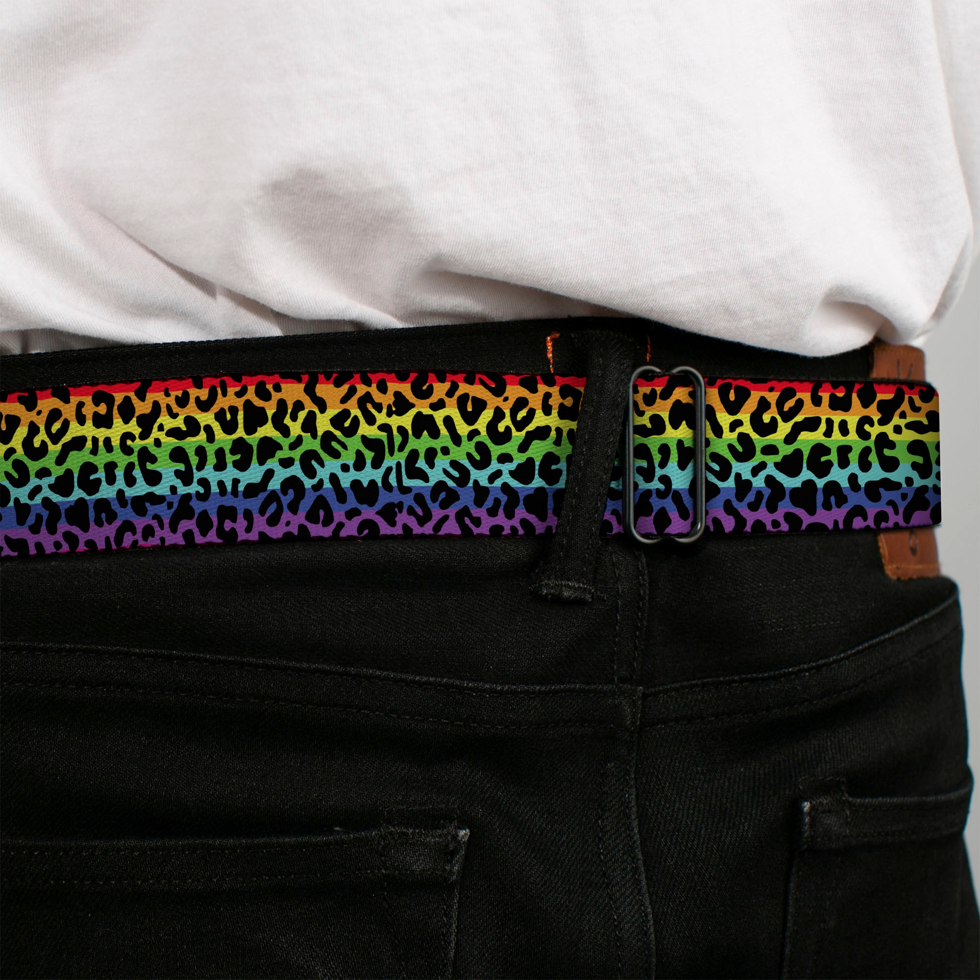 BD Wings Logo CLOSE-UP Full Color Black Silver Seatbelt Belt - Leopard Rainbow/Black Webbing Seatbelt Belts Buckle-Down