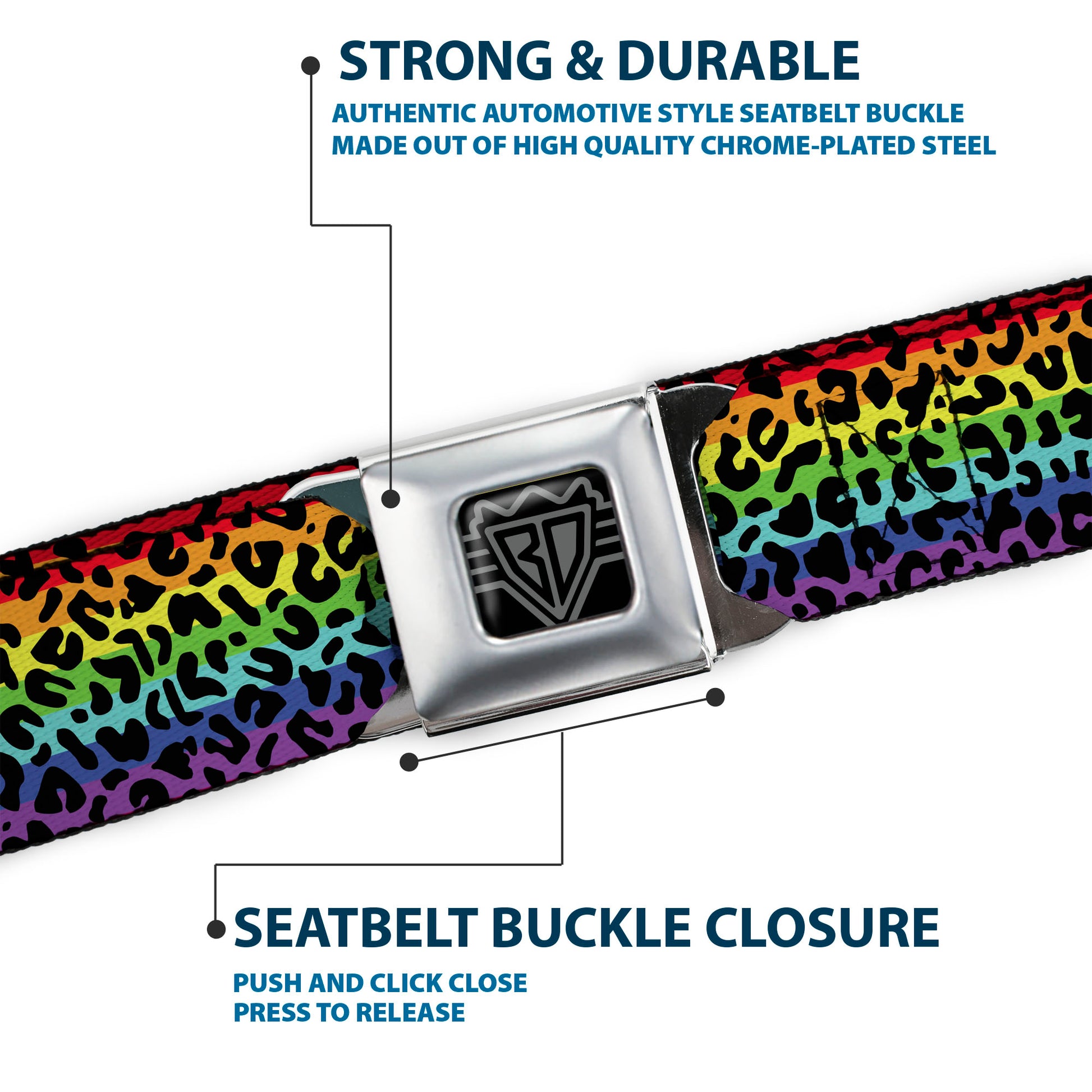 BD Wings Logo CLOSE-UP Full Color Black Silver Seatbelt Belt - Leopard Rainbow/Black Webbing Seatbelt Belts Buckle-Down