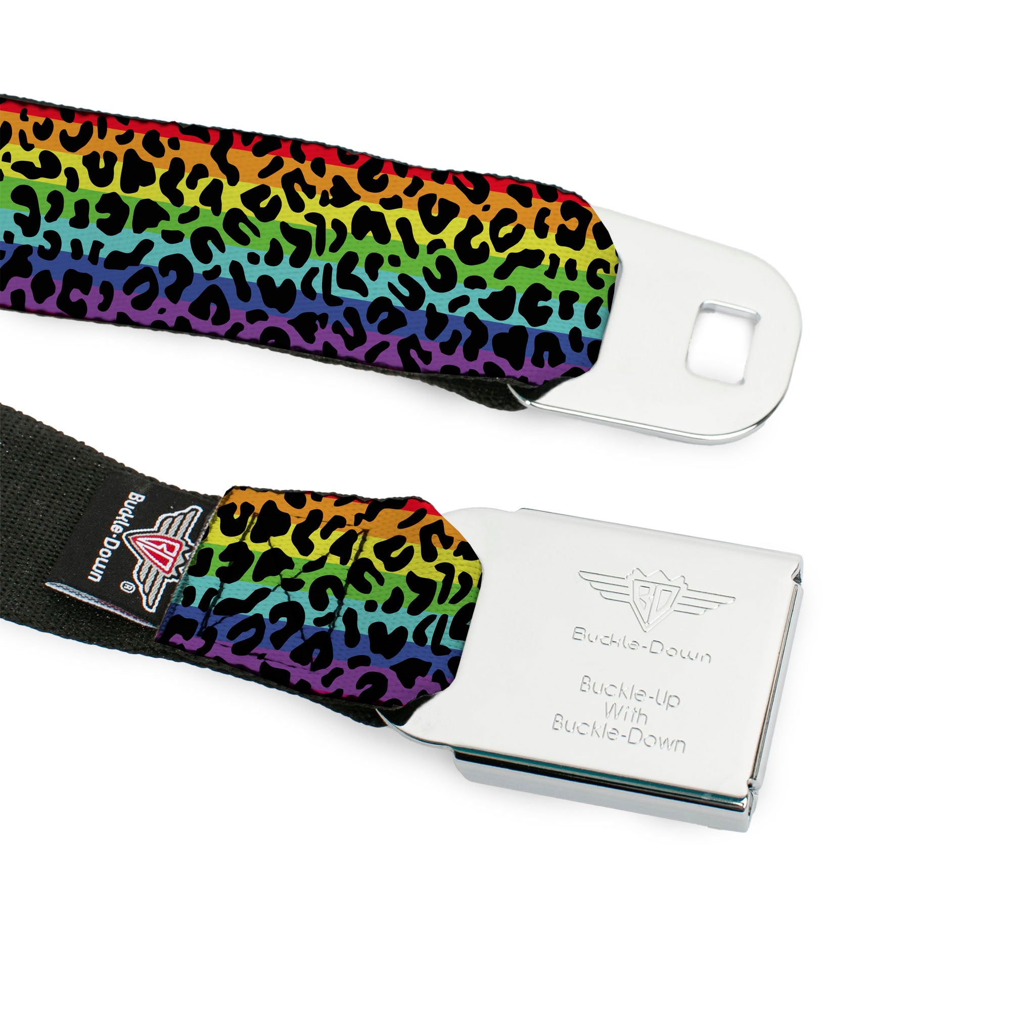 BD Wings Logo CLOSE-UP Full Color Black Silver Seatbelt Belt - Leopard Rainbow/Black Webbing Seatbelt Belts Buckle-Down