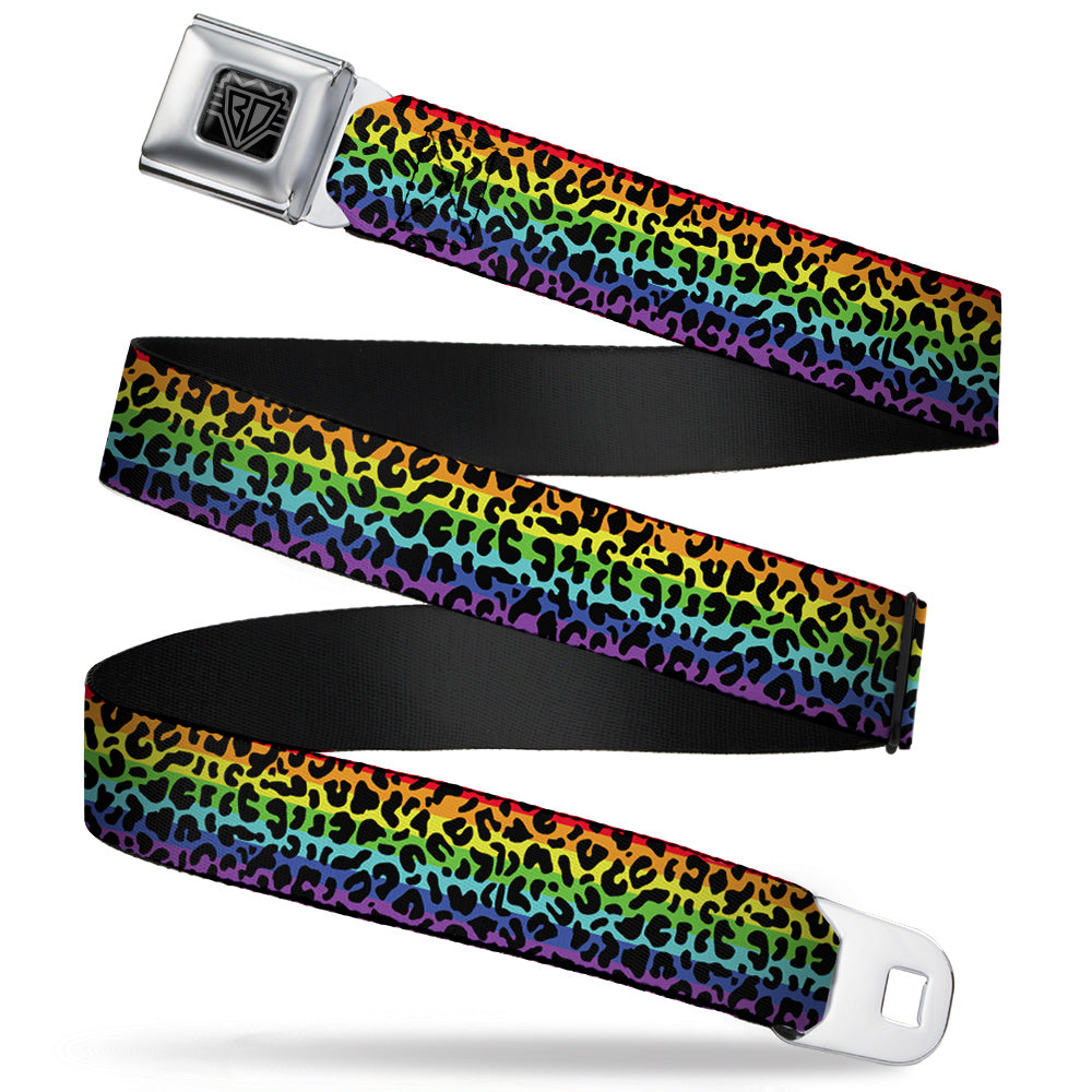 BD Wings Logo CLOSE-UP Full Color Black Silver Seatbelt Belt - Leopard Rainbow/Black Webbing Seatbelt Belts Buckle-Down